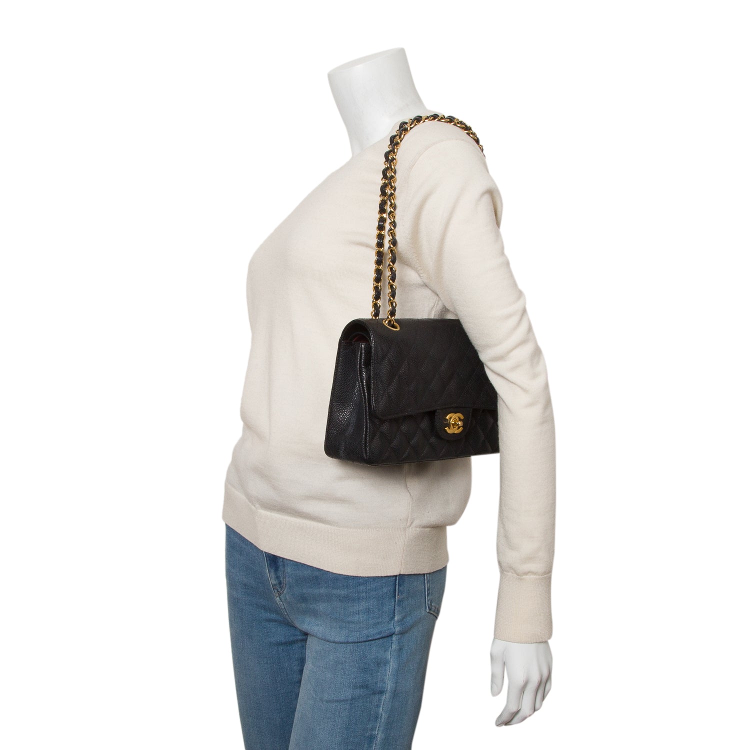 Chanel Black Caviar Leather Classic Medium Double Flap Bag w/ Box