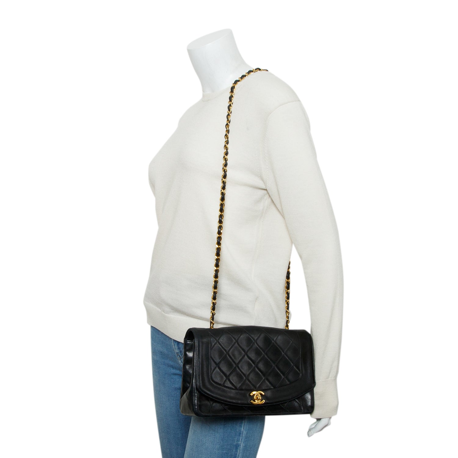 Chanel Vintage Black Lambskin Quilted Medium Diana Flap w/ Authenticity Card