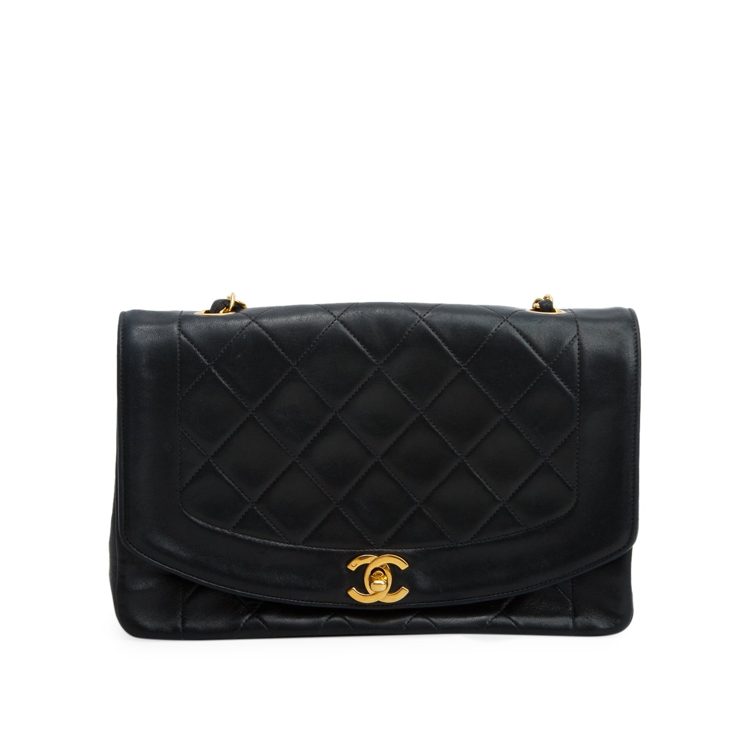 Chanel Vintage Black Lambskin Quilted Medium Diana Flap w/ Authenticity Card
