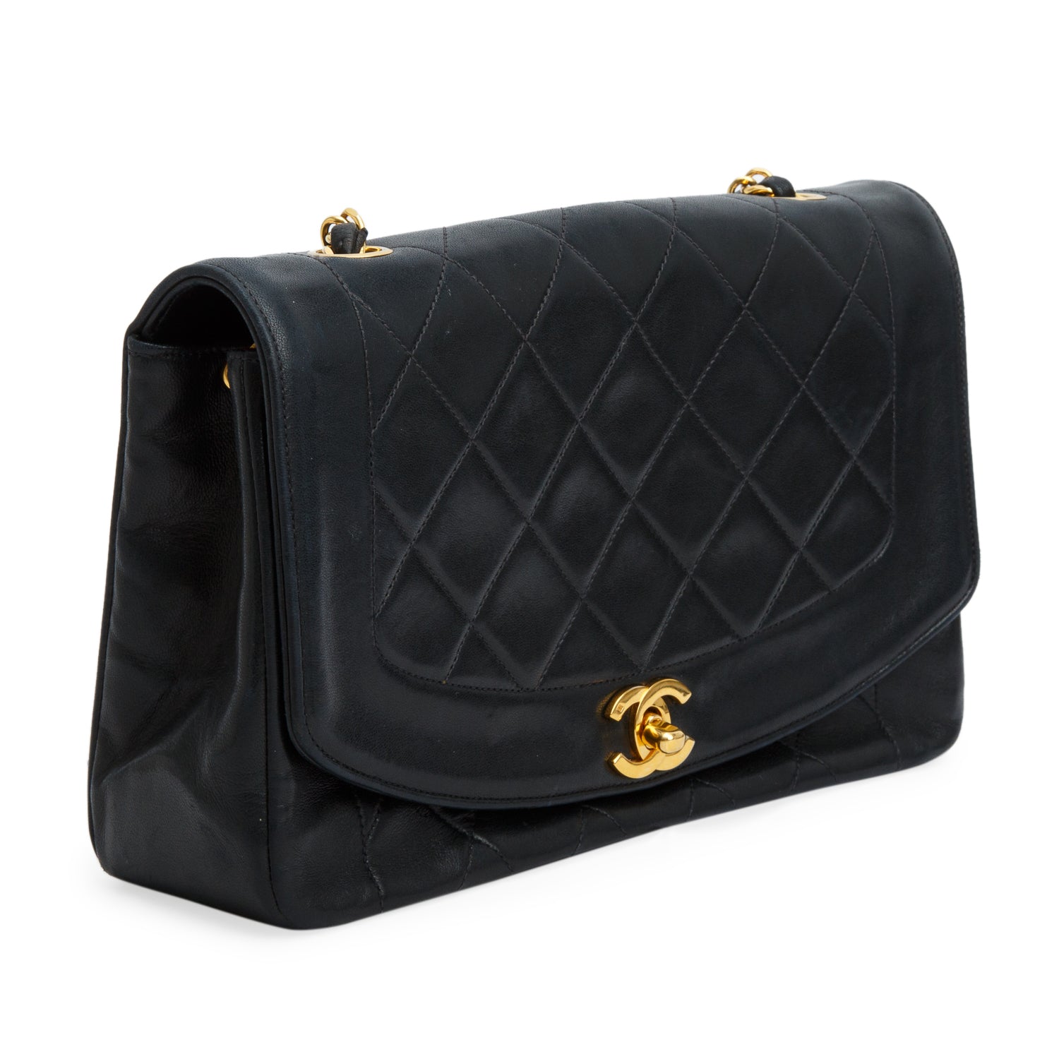 Chanel Vintage Black Lambskin Quilted Medium Diana Flap w/ Authenticity Card