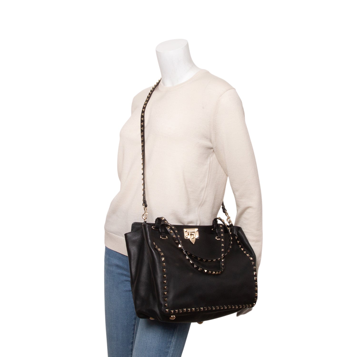 Valentino Black Vitello Medium Rockstud Tote w/ Strap