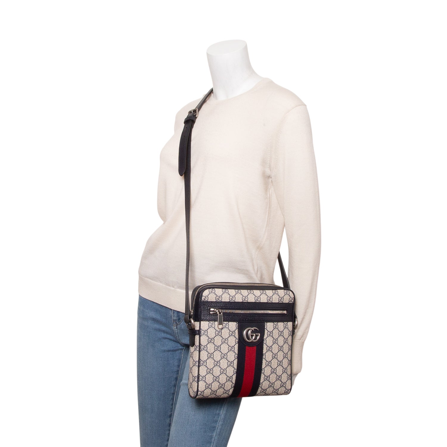 Gucci Navy GG Supreme Monogram Web Small Ophidia Messenger Bag