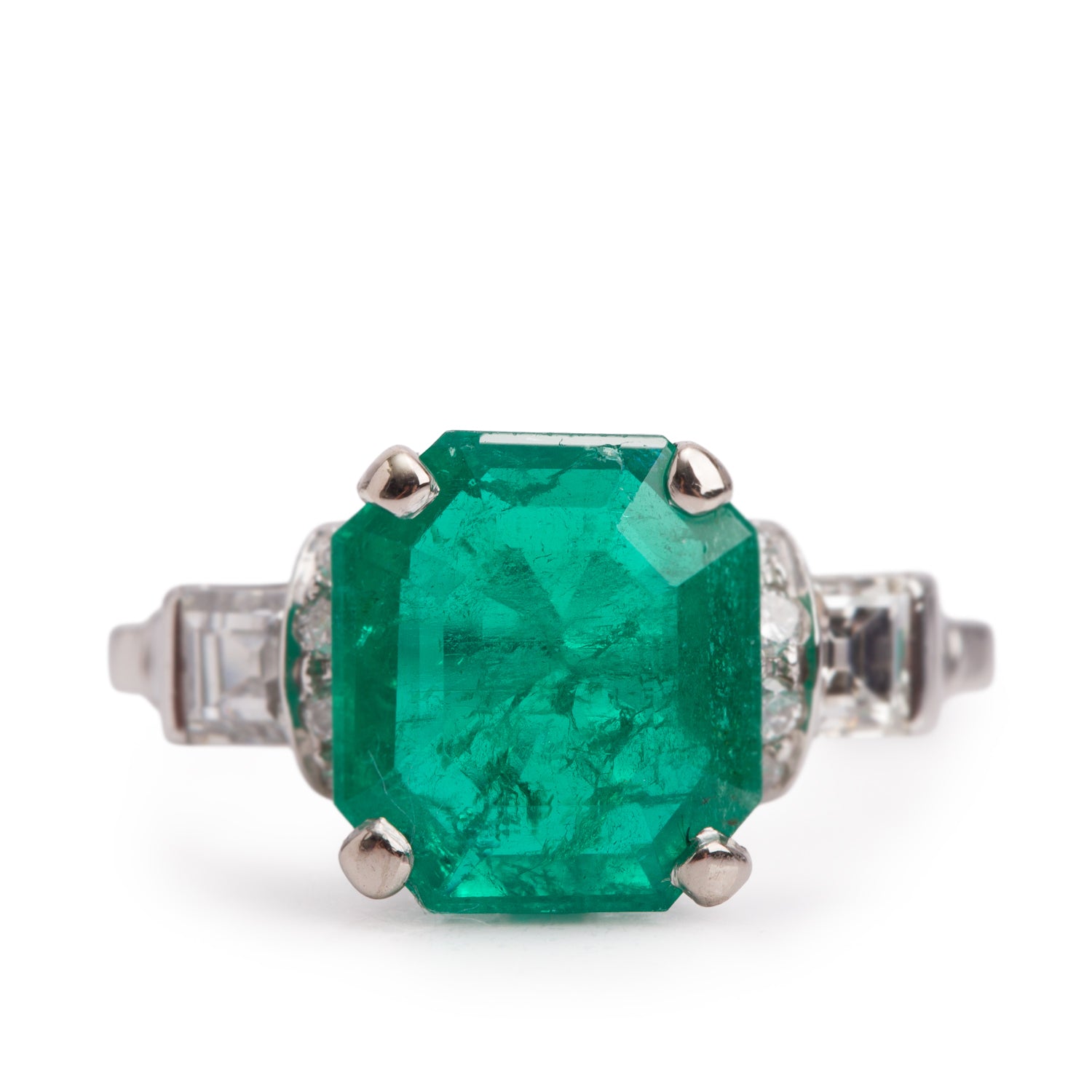 Platinum Emerald & Diamond Ring, Size 5.5