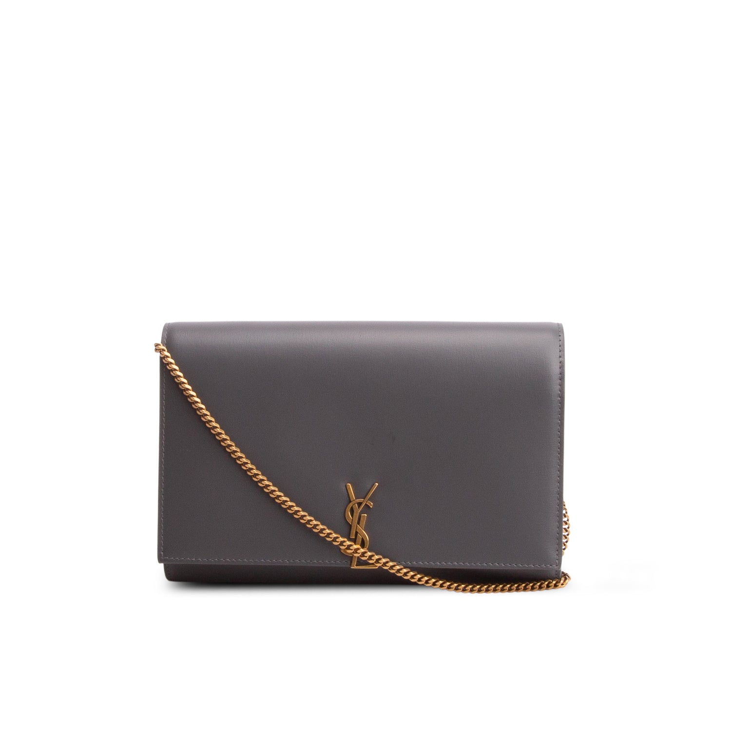 Saint Laurent 2022 Grey Calfskin Leather Cassandre Clutch on Chain w/ Box
