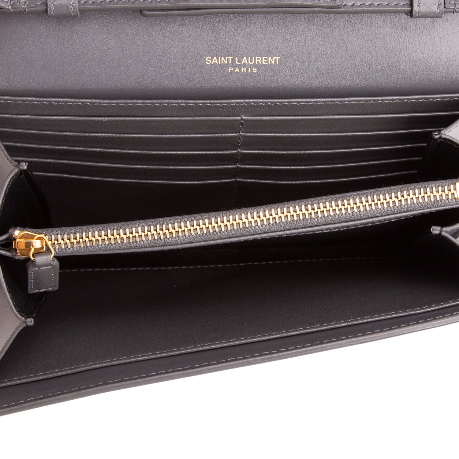Saint Laurent 2022 Grey Calfskin Leather Cassandre Clutch on Chain w/ Box