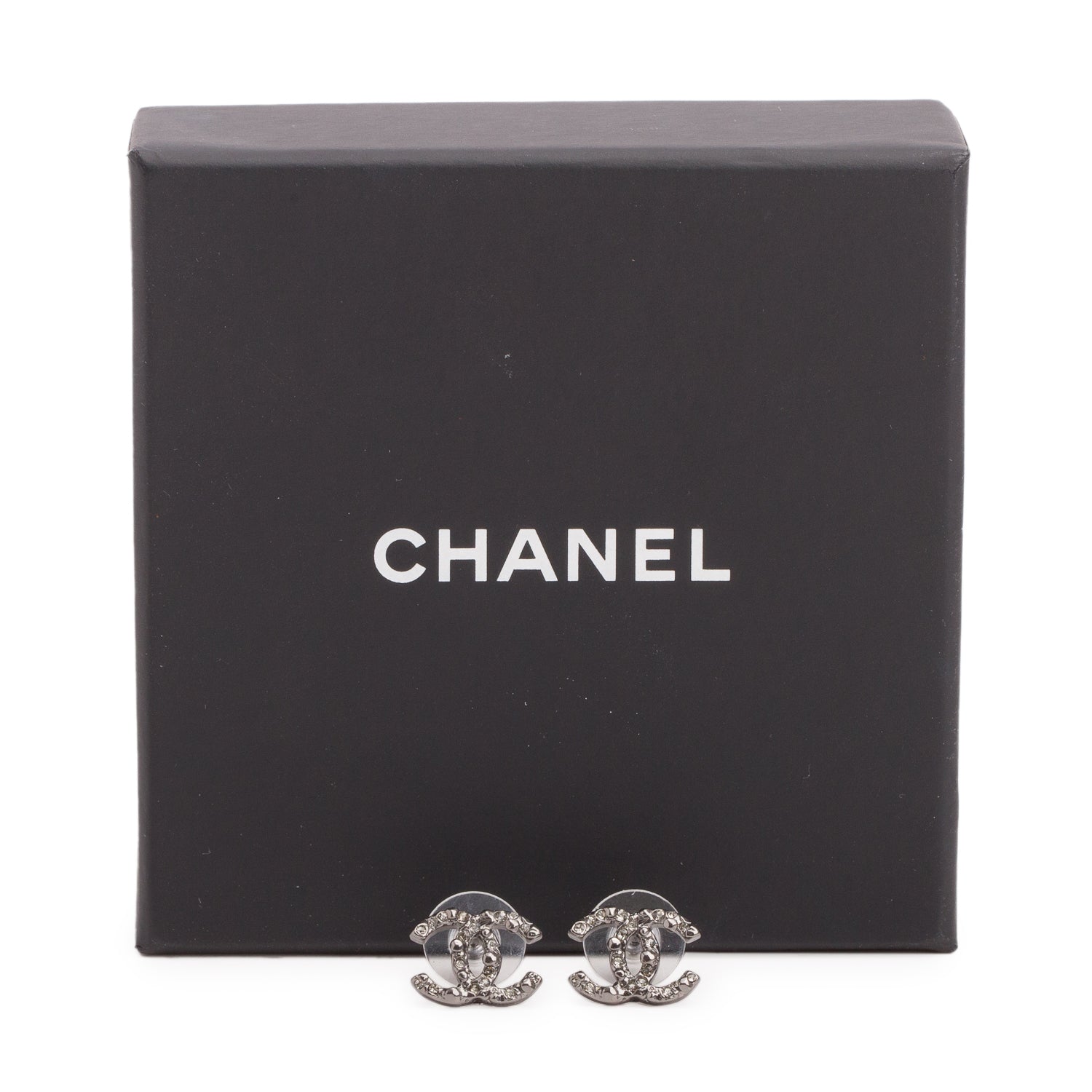 Chanel Ruthenium Plated Strass CC Stud Earrings w/ Box