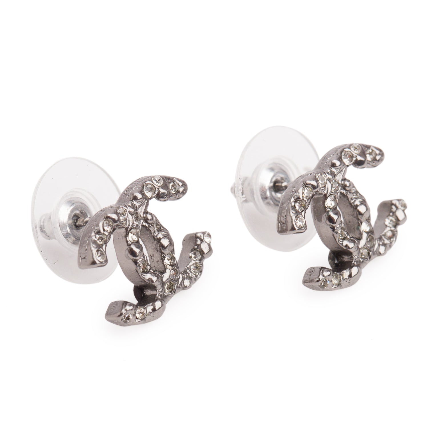 Chanel Ruthenium Plated Strass CC Stud Earrings w/ Box
