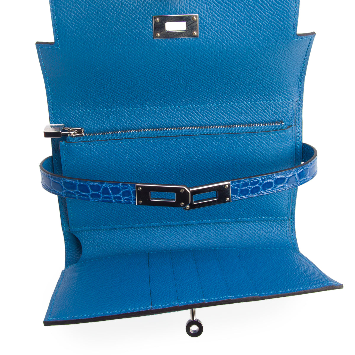 Hermes 2021 Mykonos/Bleu Zellige Epsom Leather Alligator Kelly Depliant Medium Touch Trifold Wallet w/ Box