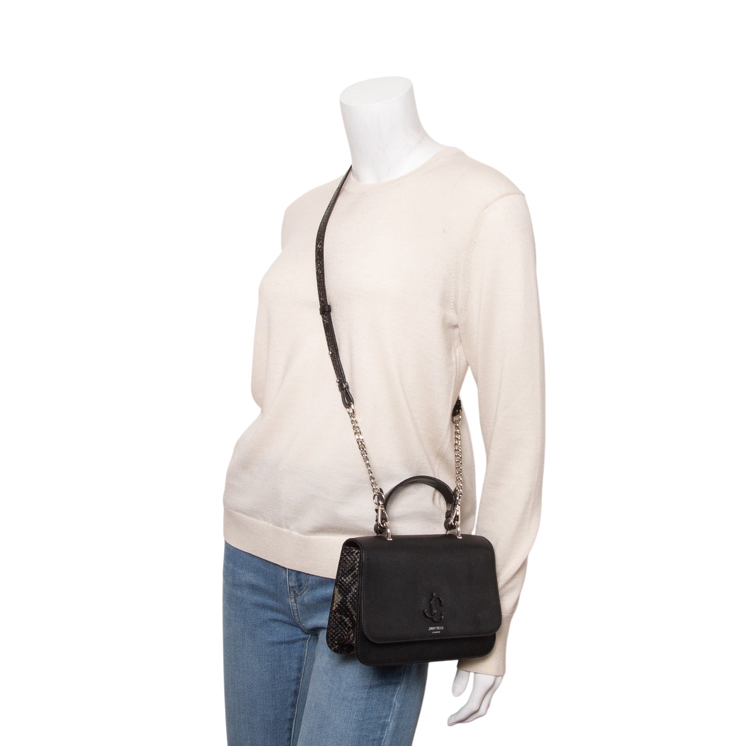 Jimmy Choo Black Leather Python Trim JC Top Handle Flap Crossbody Bag