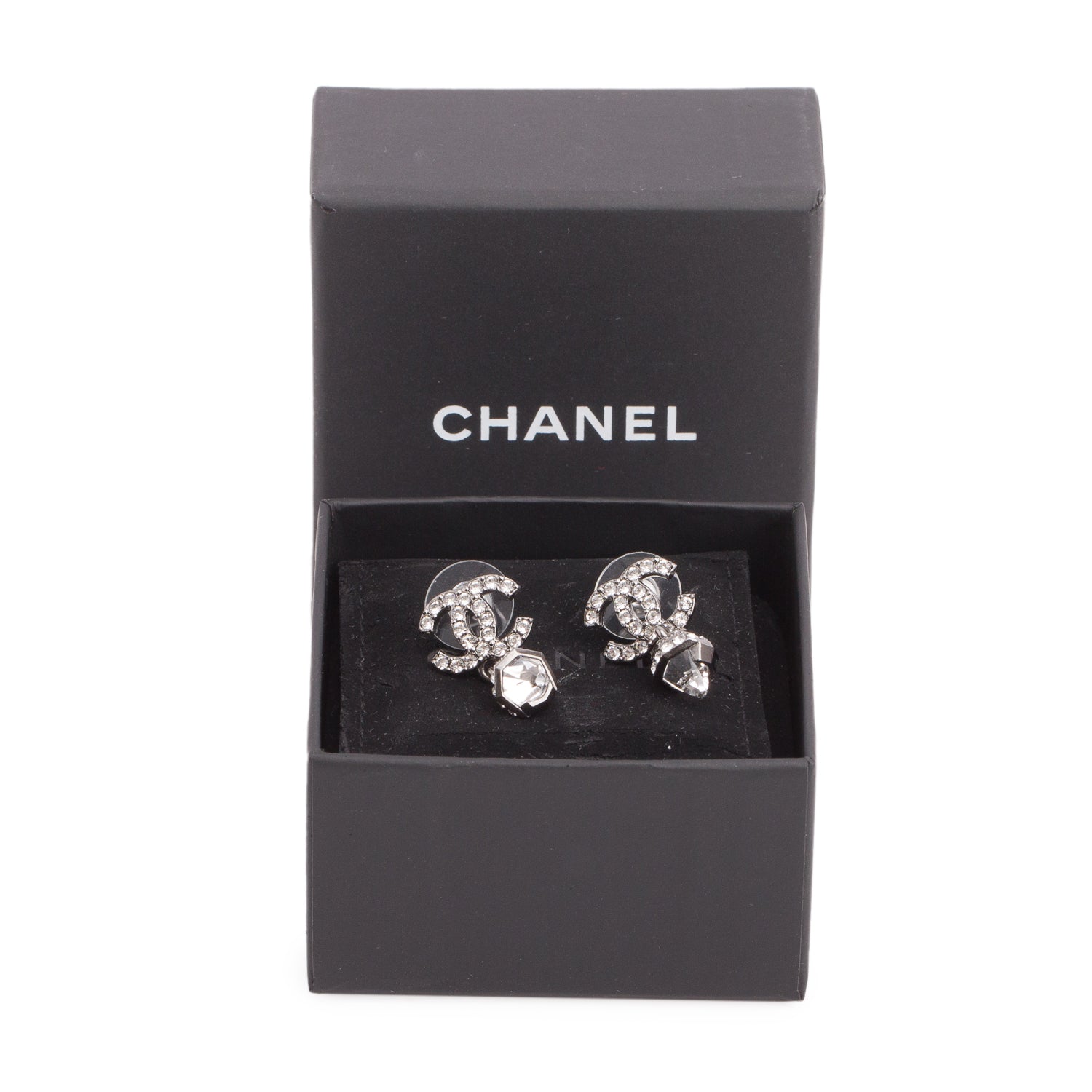Chanel Ruthenium Plated Strass CC Drop Earrings w/ Box