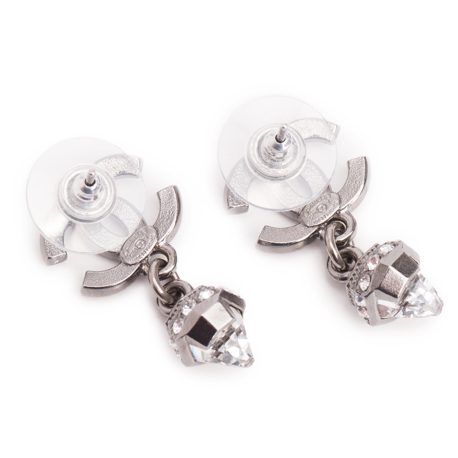 Chanel Ruthenium Plated Strass CC Drop Earrings w/ Box