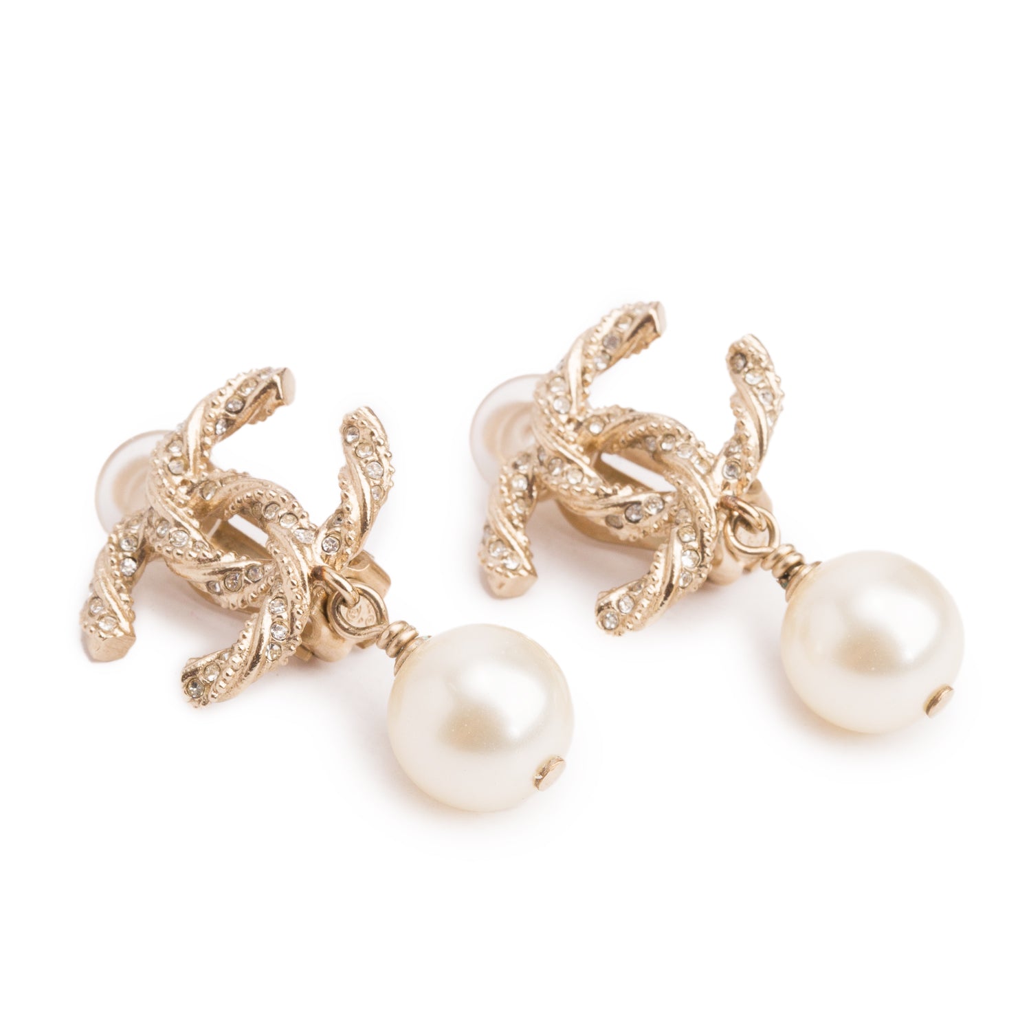 Chanel Gold-Plated Faux Pearl Strass CC Drop Earrings w/ Box