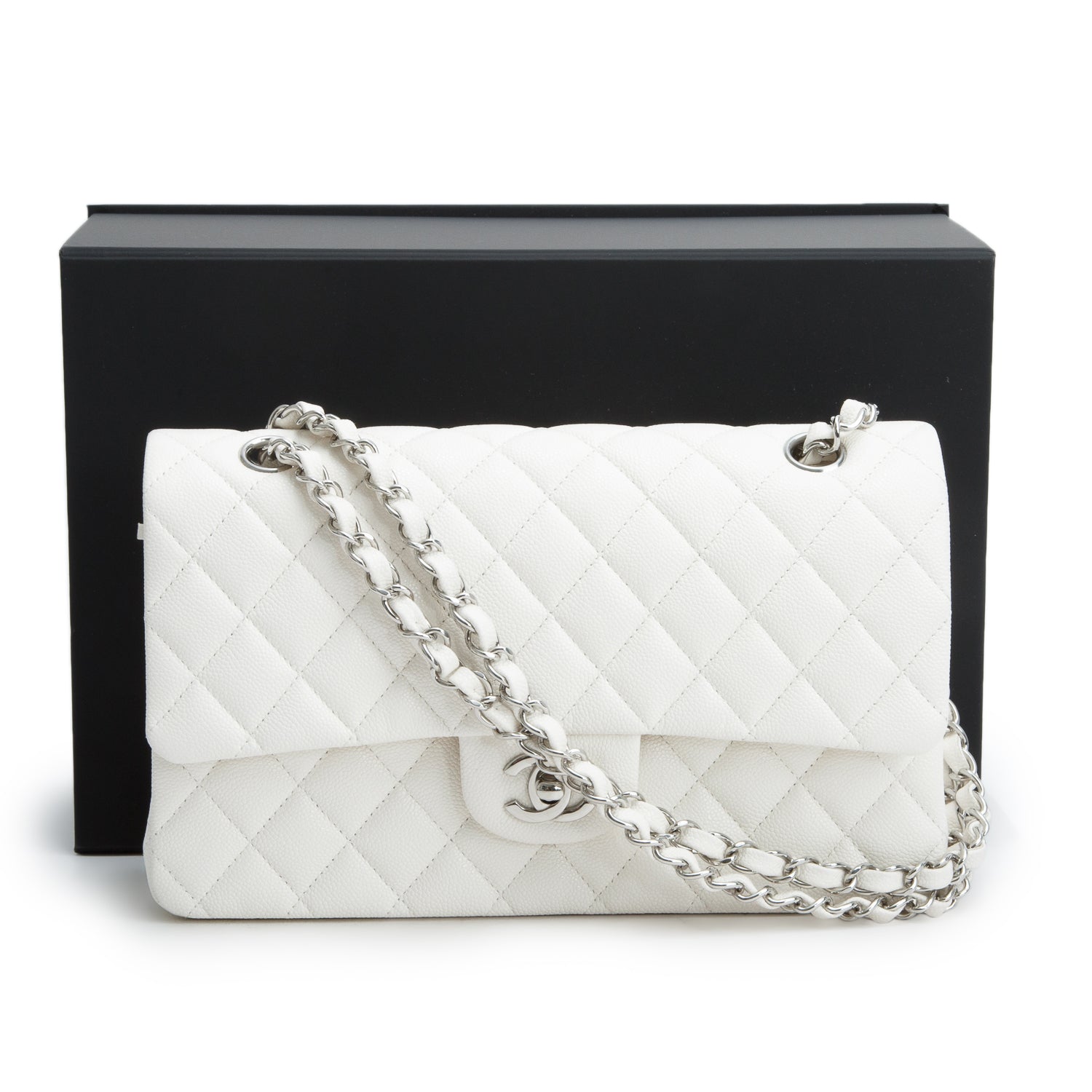 Chanel White Caviar Quilted Medium Double Flap w/ Box