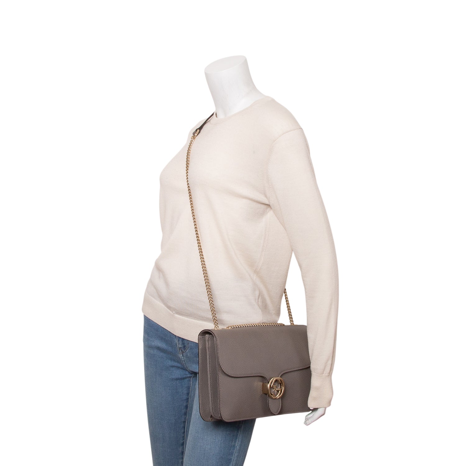 Gucci Grey Calfskin Leather Medium Dollar Interlocking GG Shoulder Bag w/ Box