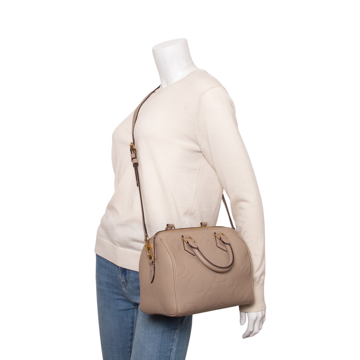Louis Vuitton Turtledove Monogram Empreinte Leather Speedy Bandouliere 25 w/ Strap, Box & Receipt