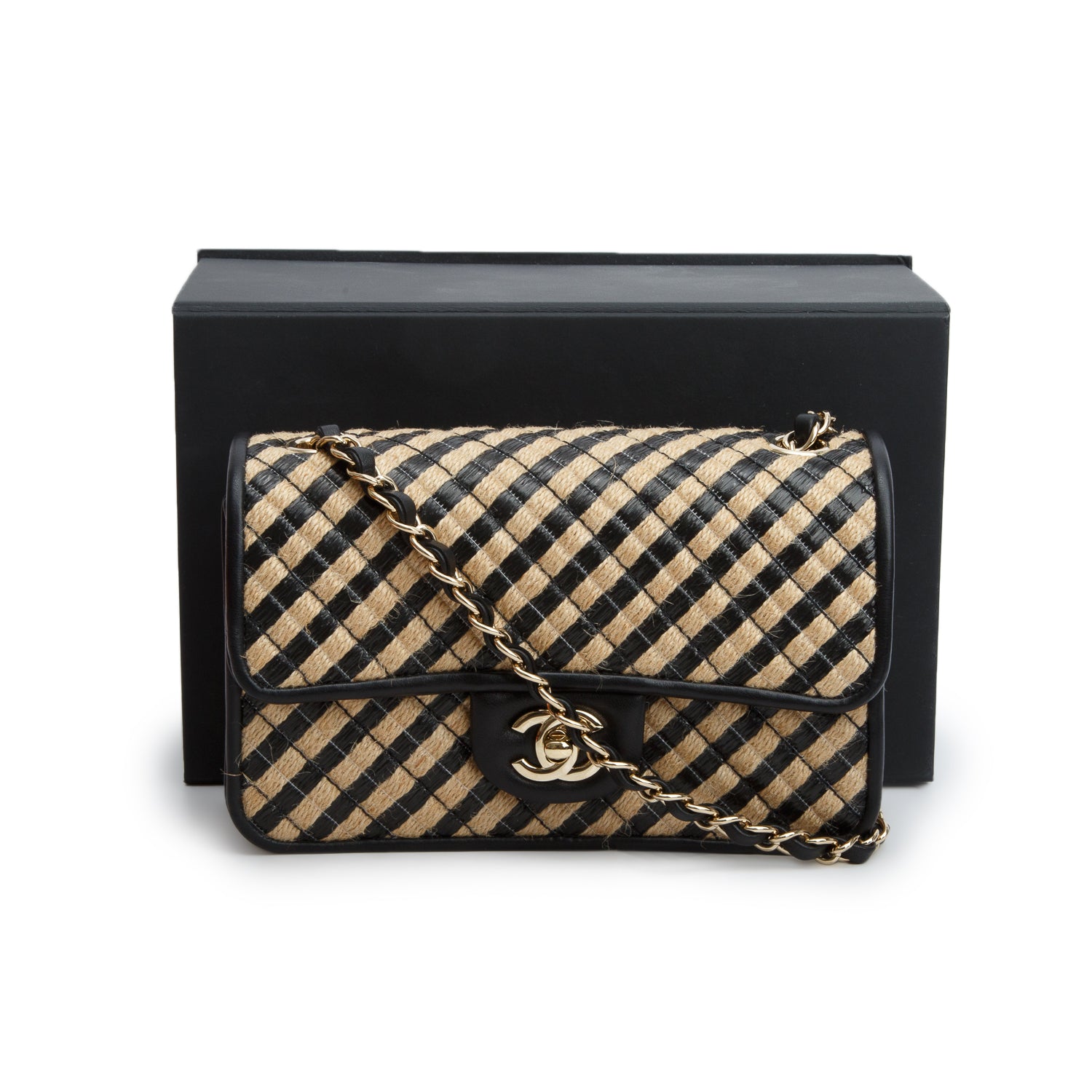 Chanel Neutral Black Quilted Urban Jungle Raffia Mini Rectangular Flap Bag w/ Box