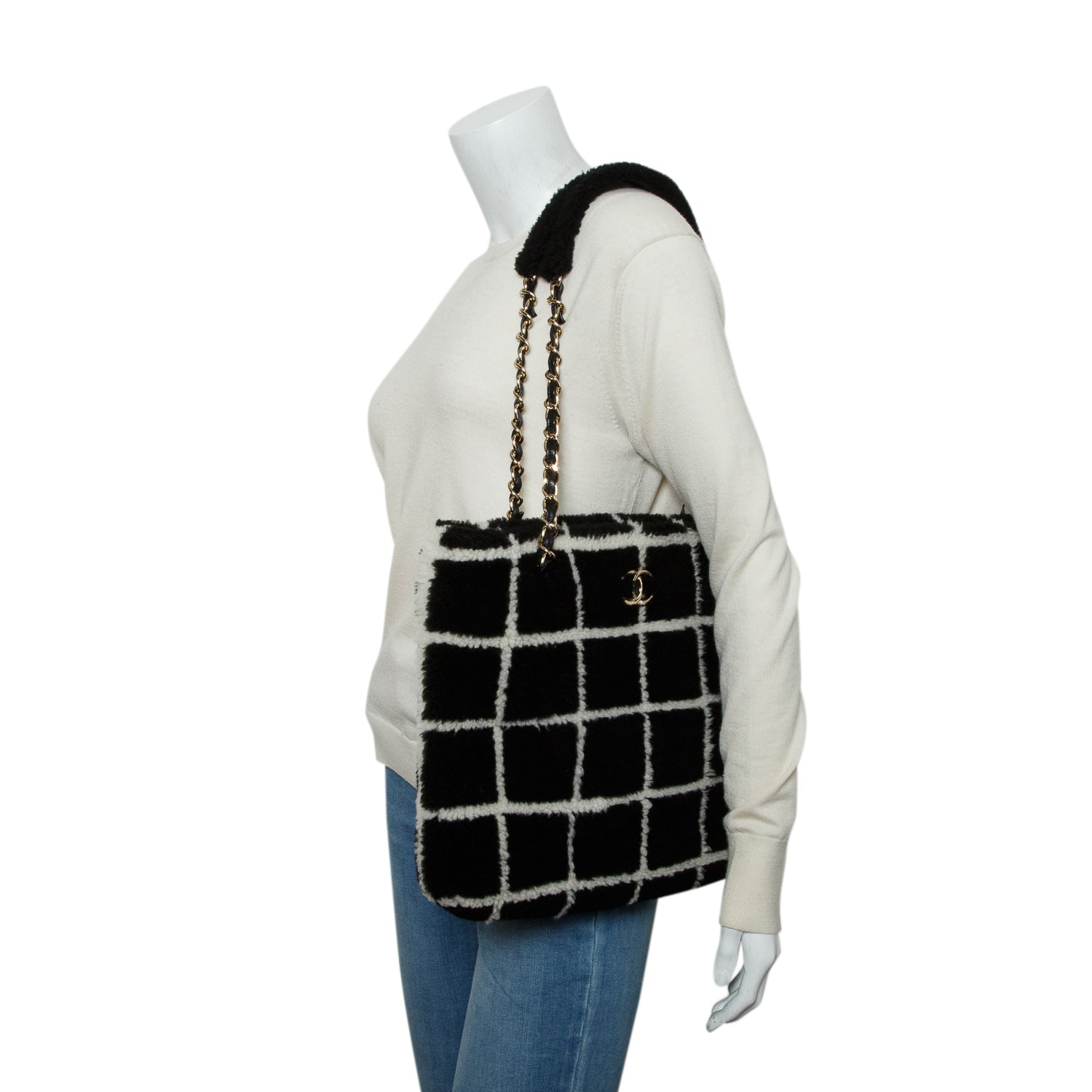 Chanel Black And White Grid Shearling CC Tote