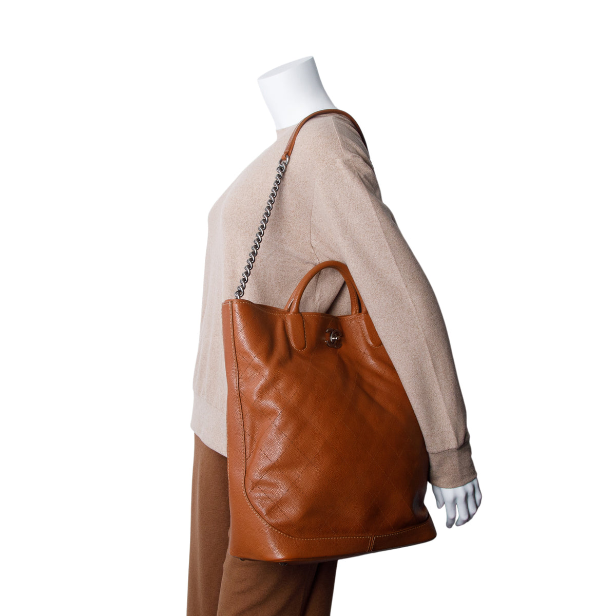 Chanel Brown Quilted Caviar Leather Large CC Top Handle Tote