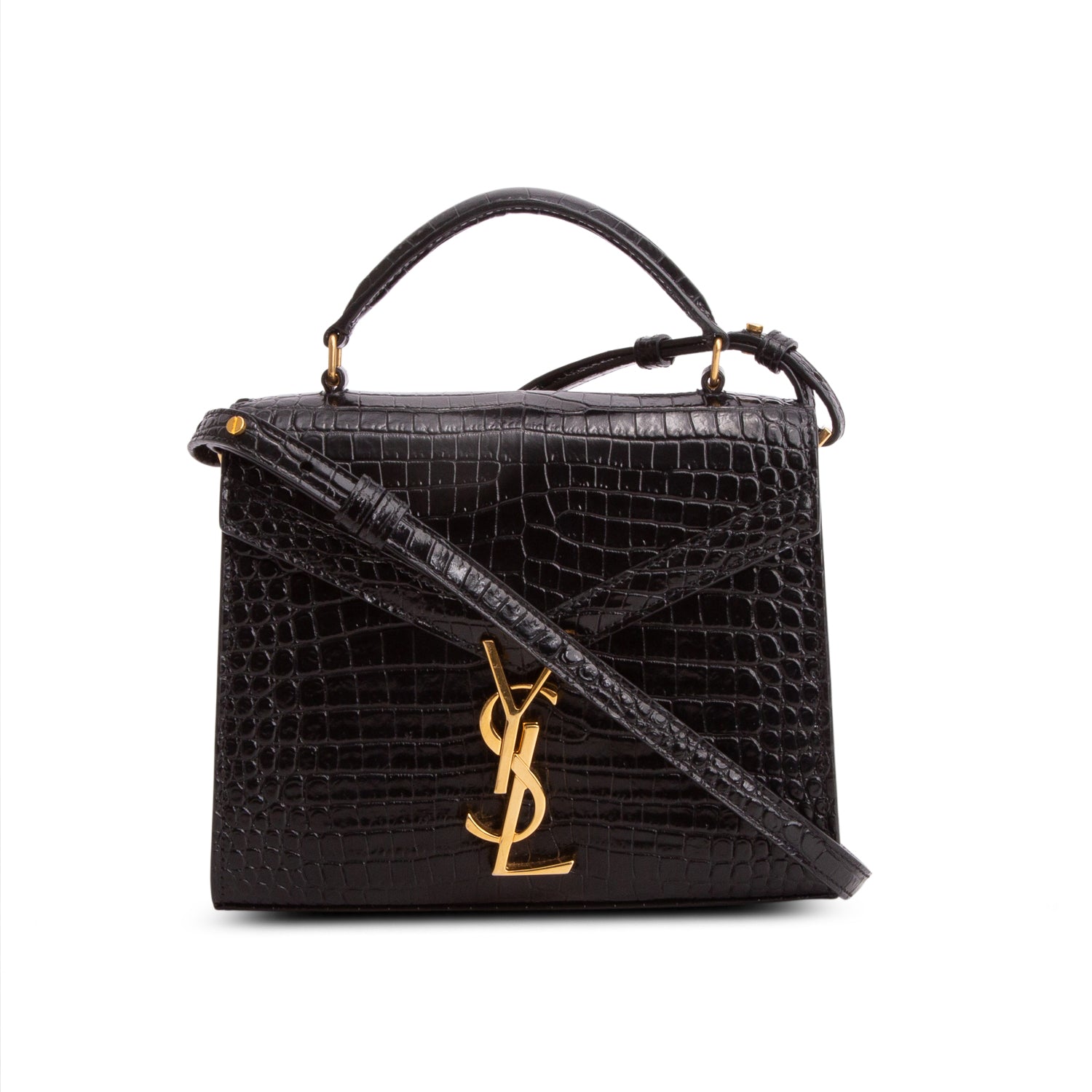 Saint Laurent Black Croc-Embossed Leather Cassandra Mini Top Handle Bag