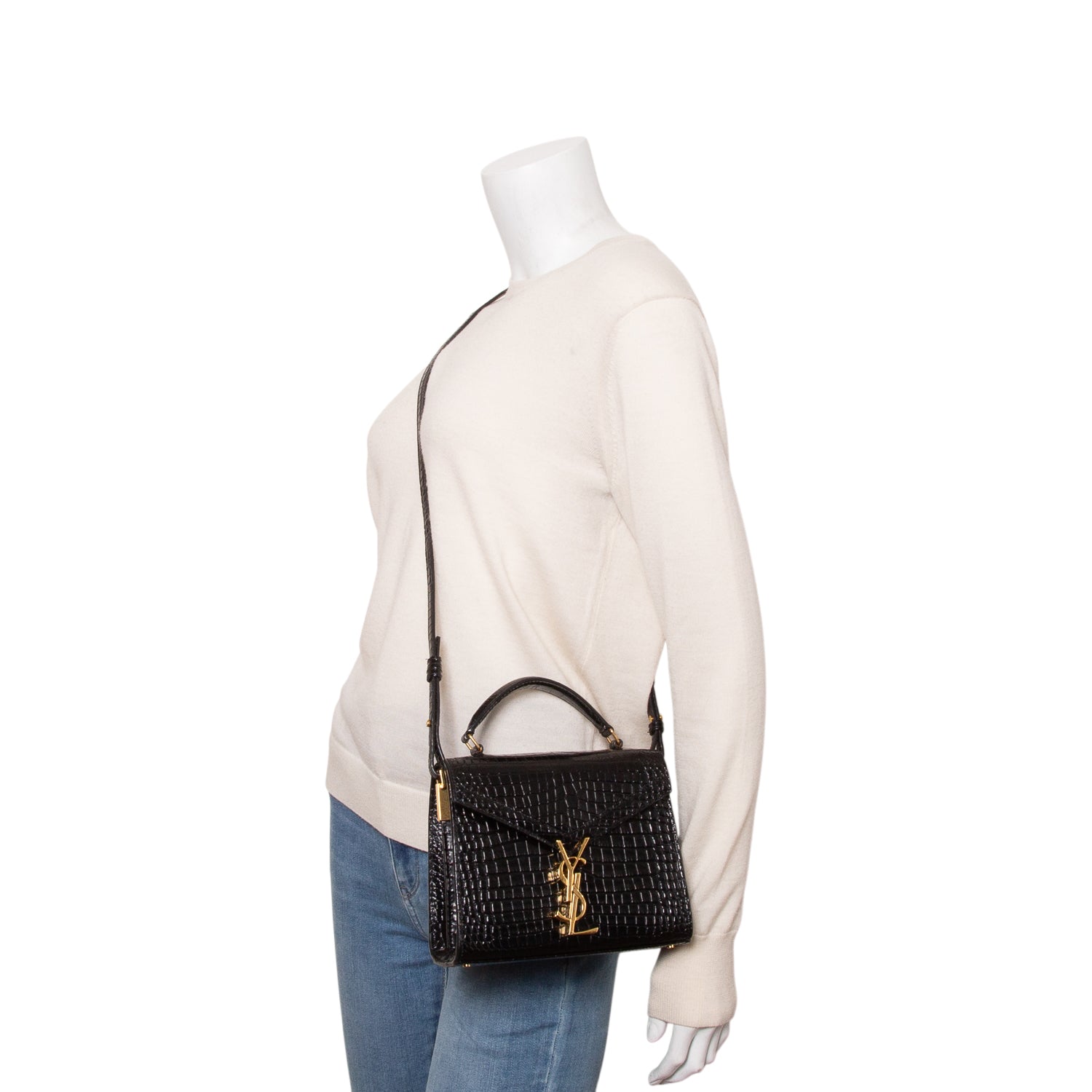Saint Laurent Black Croc-Embossed Leather Cassandra Mini Top Handle Bag