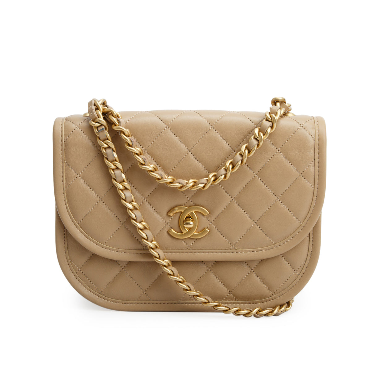 Chanel 2024 Beige Quilted Lambskin Leather Messenger Flap Bag