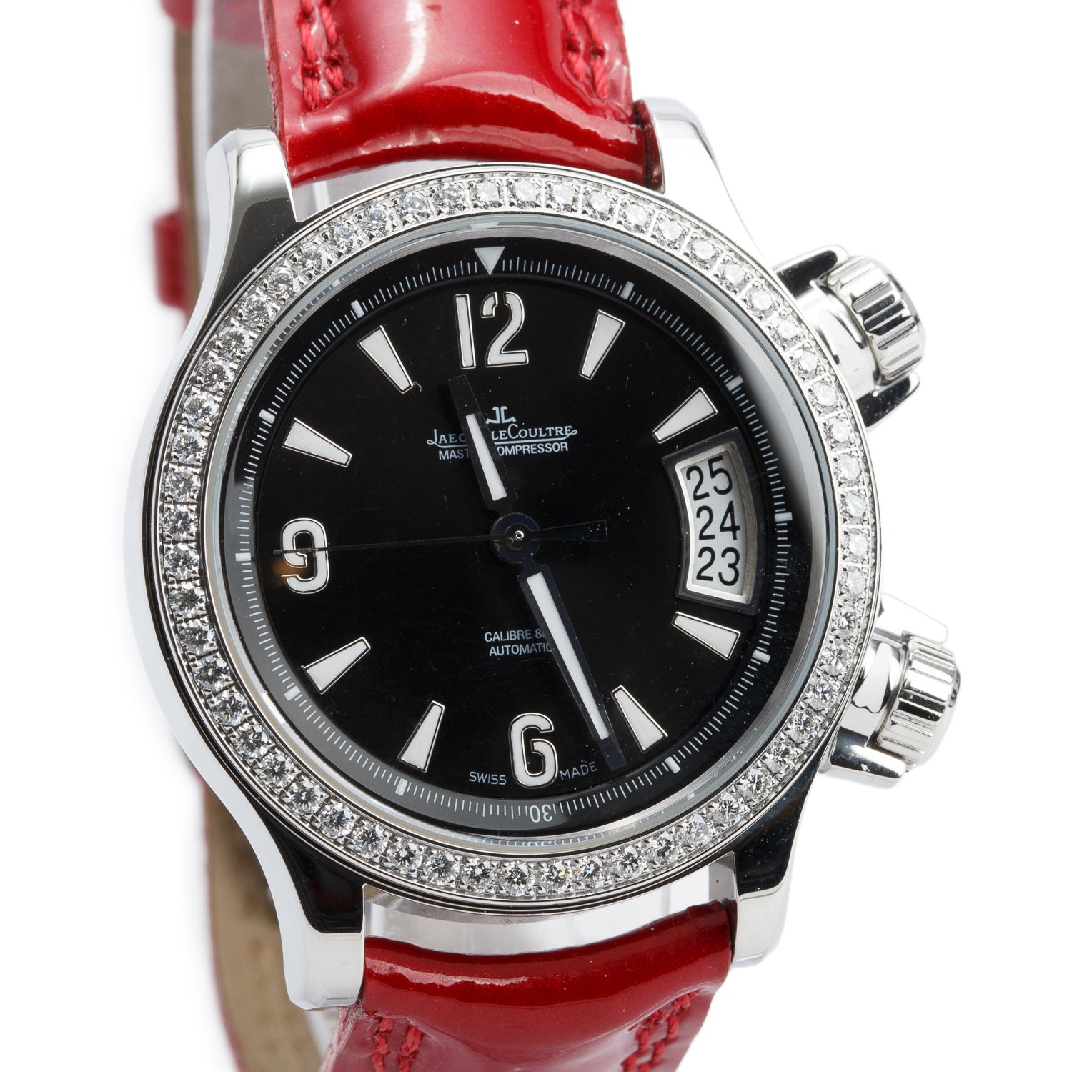 Jaeger LeCoultre Stainless Steel Diamond Bezel Master Compressor 36 MM Automatic Watch, Black Dial