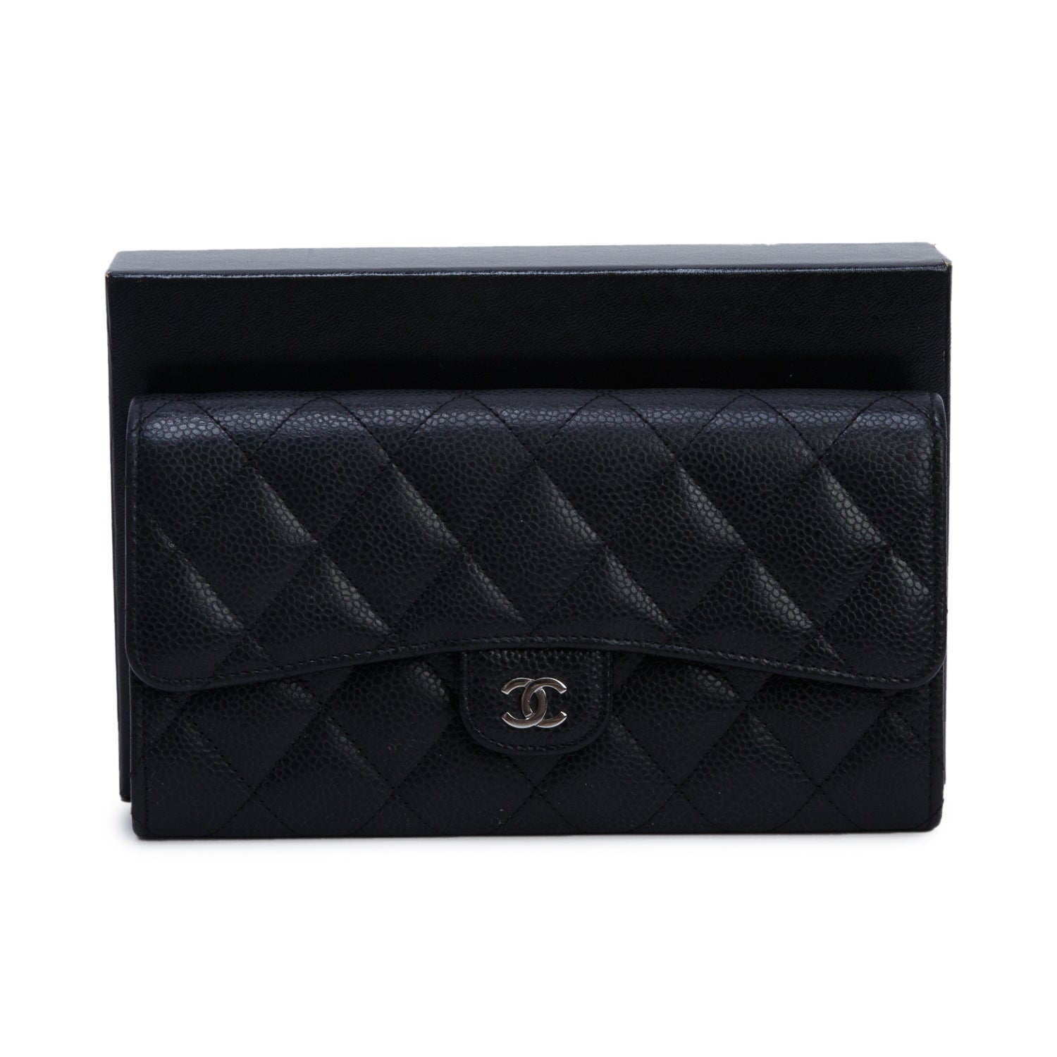 Chanel Black Caviar Leather Classic Long Flap Wallet w/ Box & Authenticity Card