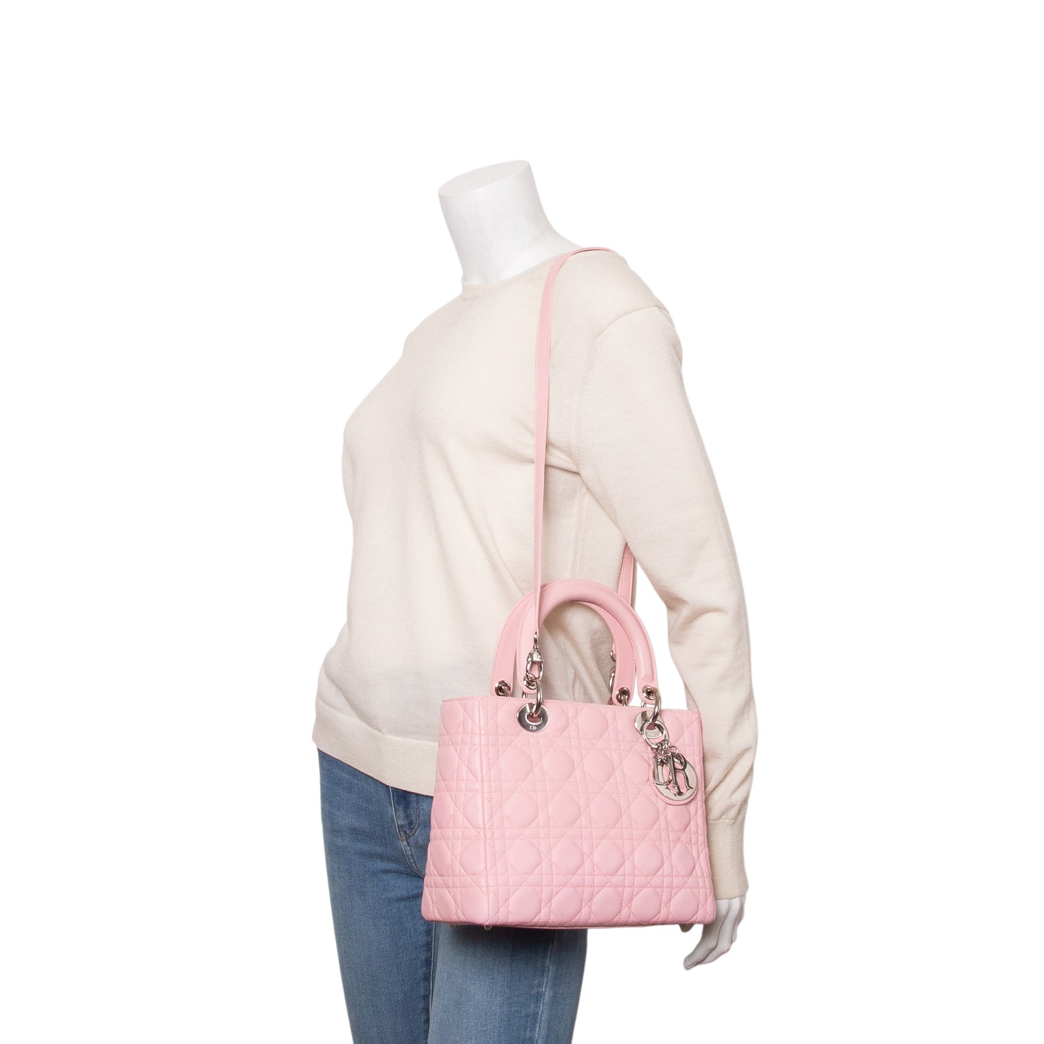 Christian Dior Pink Cannage Lambskin Leather Medium Lady Dior Bag w/ Strap