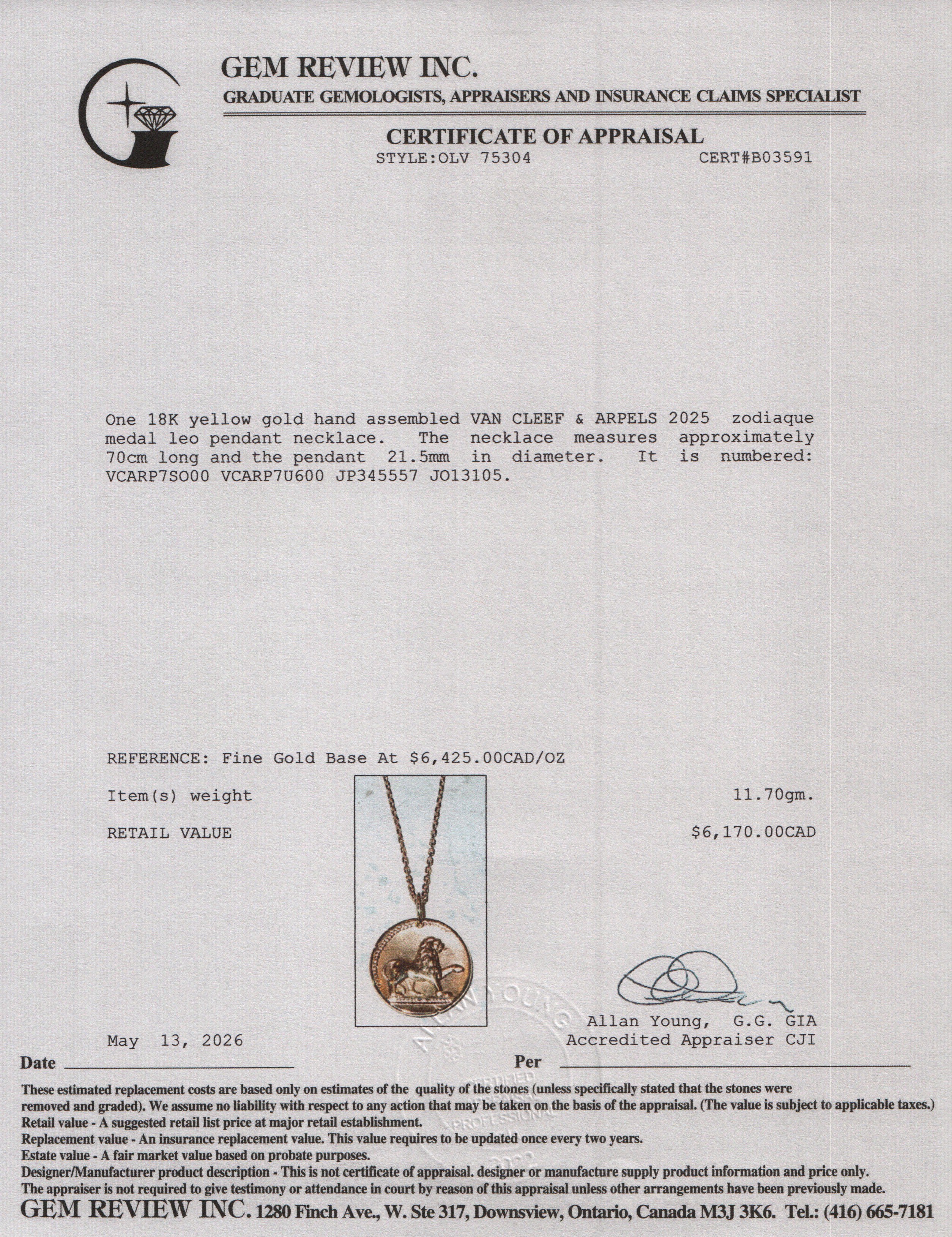 Van Cleef & Arpels 2025 18k Yellow Gold Zodiaque Medal Leo Pendant Necklace w/ Box & Receipt