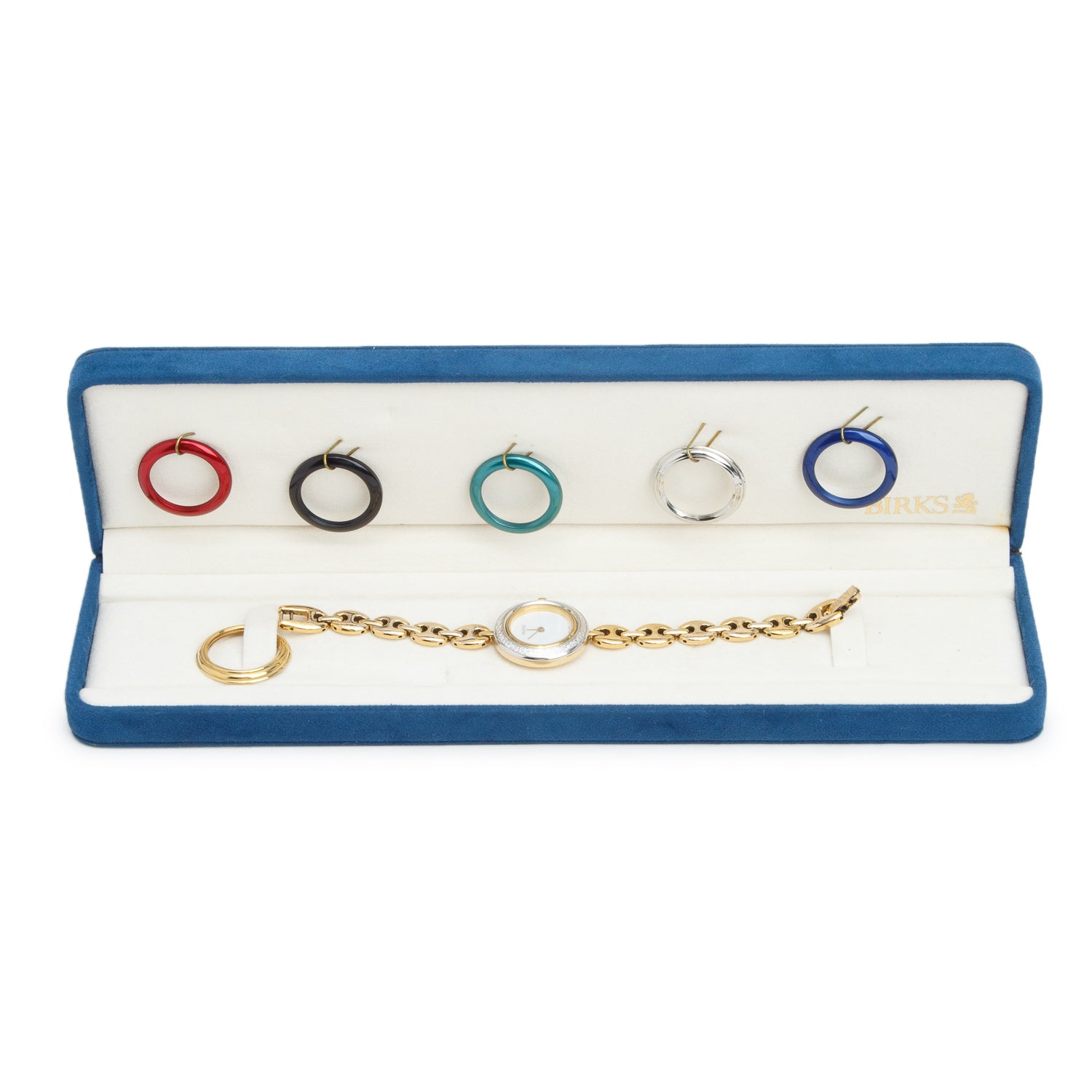 Gucci Gold Plated Stainless Steel 1100 Series 26 MM Watch White Dial w/ Birks Box & 6 Multicolour Bezels