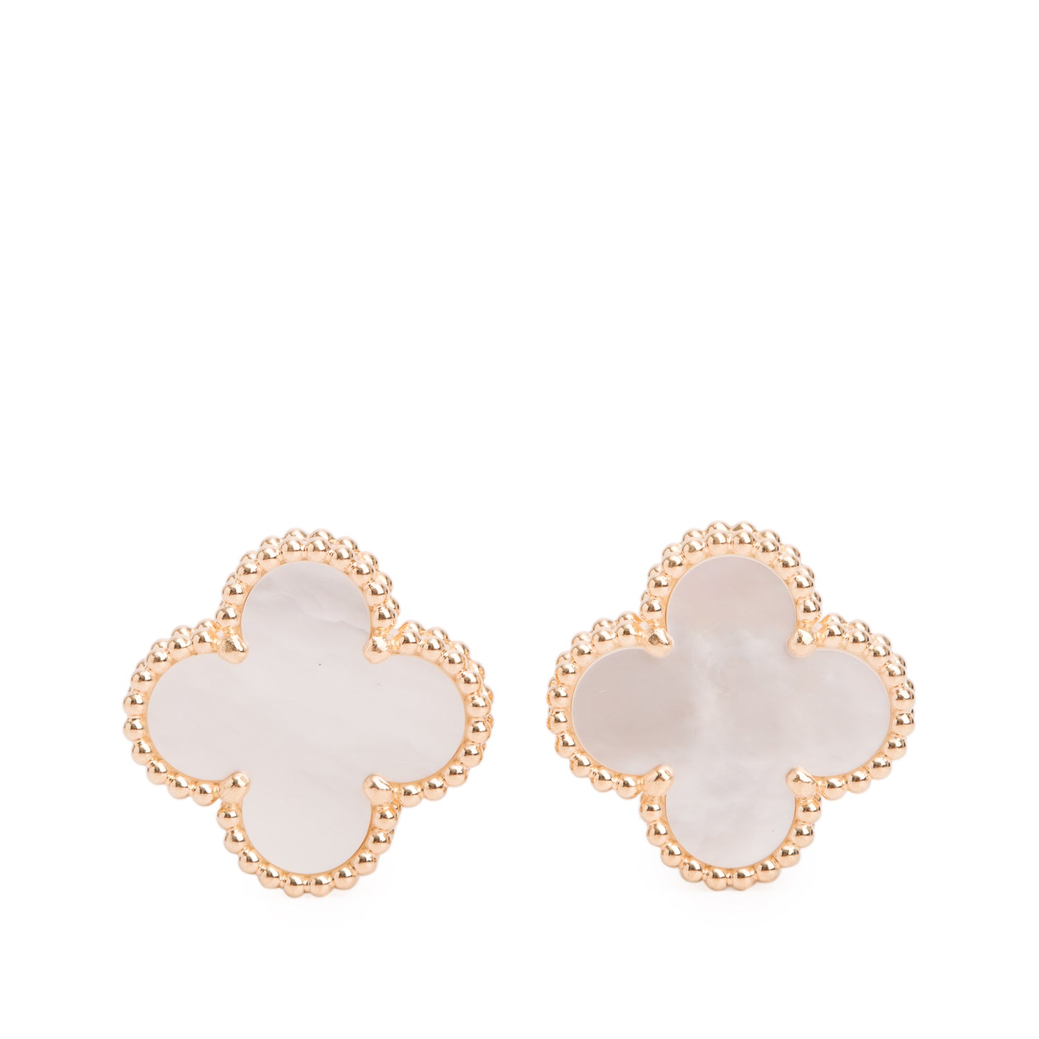 Van Cleef & Arpels 2026 18k Yellow Gold Vintage Alhambra Mother of Pearl Stud Earrings w/ Box & Certificate