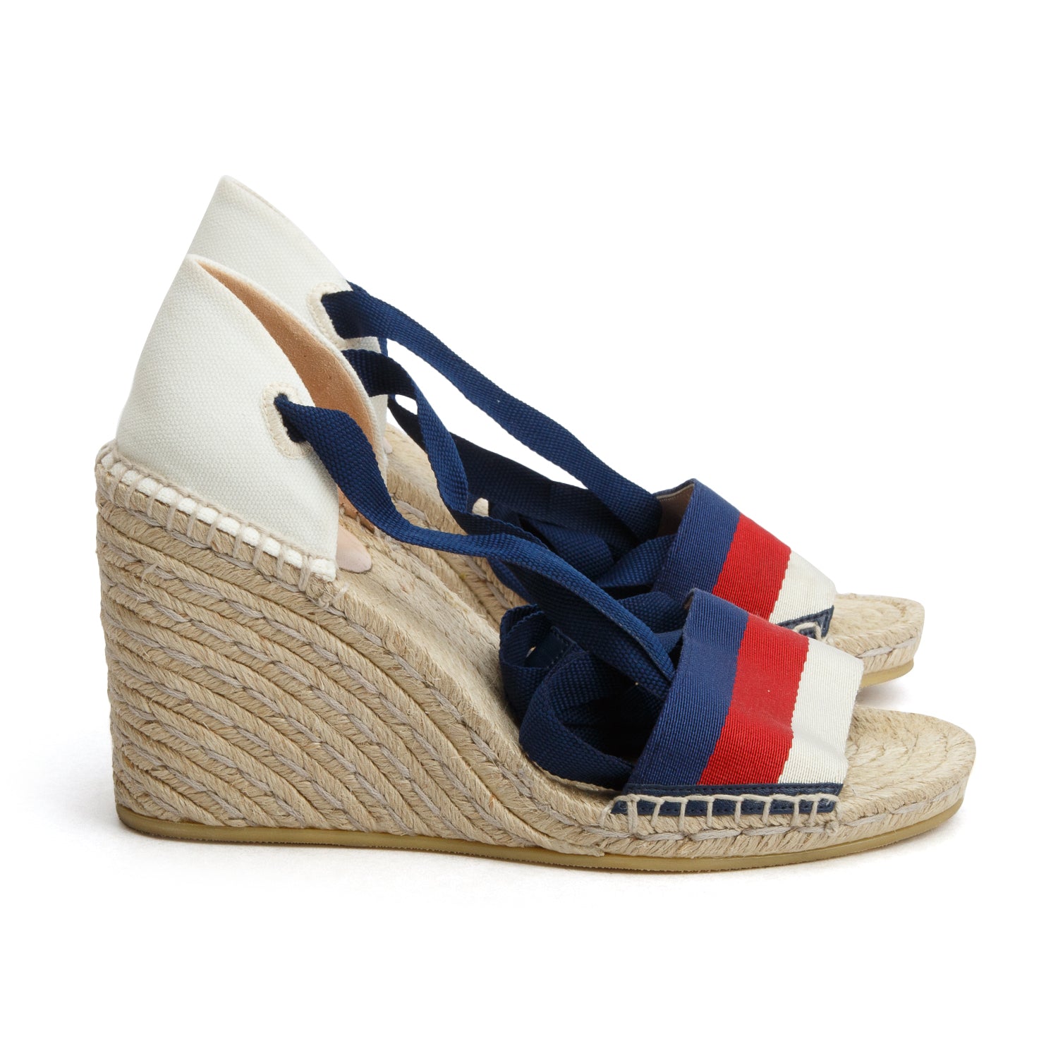 Gucci Canvas Malaga Kid Web Ankle Wrap Espadrille Wedge Sandals, Size 38.5 w/ Box