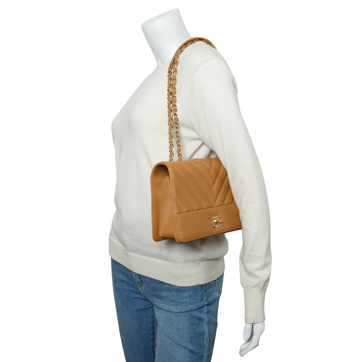 Chanel Tan Double Stitch Chevron Lambskin Leather Medium Flap Bag w/ Box & Authenticity Card