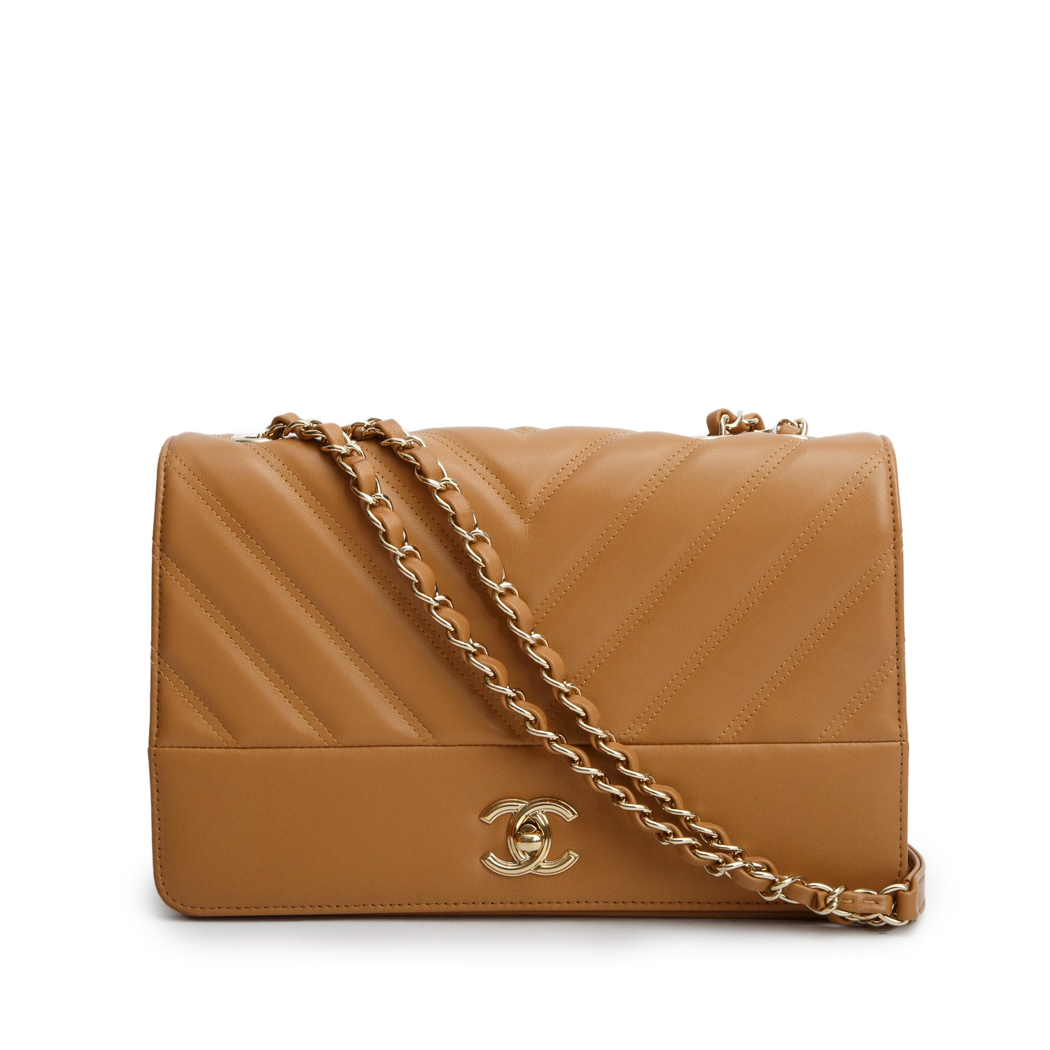 Chanel Tan Double Stitch Chevron Lambskin Leather Medium Flap Bag w/ Box & Authenticity Card