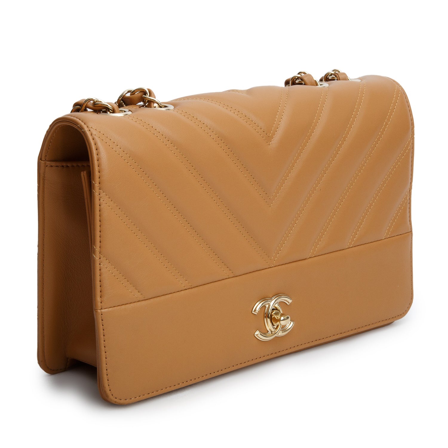 Chanel Tan Double Stitch Chevron Lambskin Leather Medium Flap Bag w/ Box & Authenticity Card