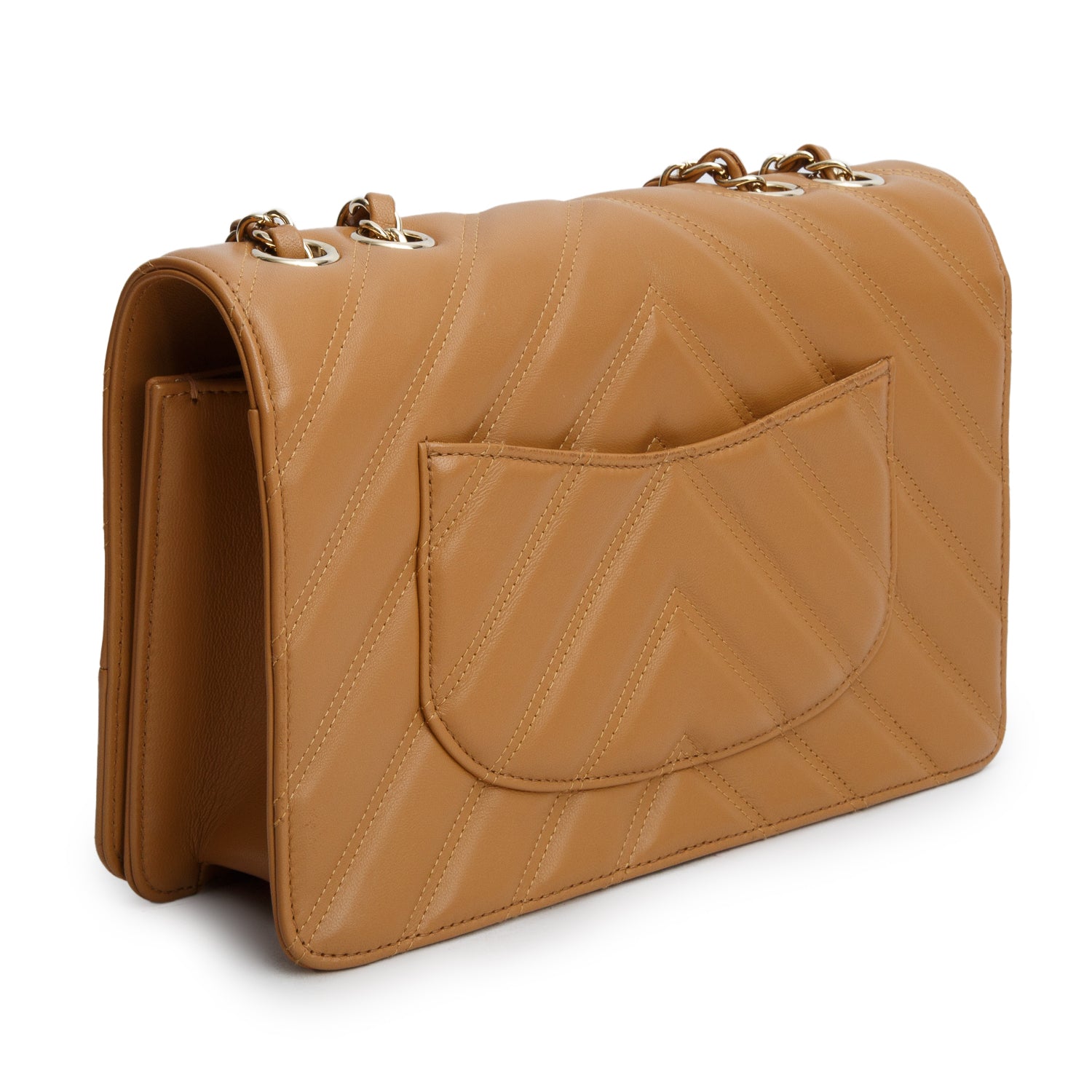 Chanel Tan Double Stitch Chevron Lambskin Leather Medium Flap Bag w/ Box & Authenticity Card