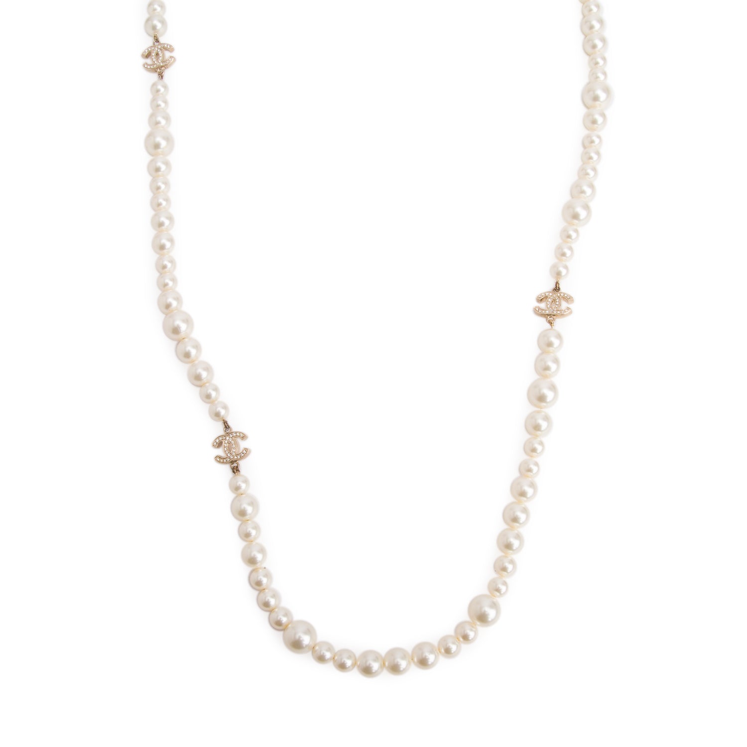 Chanel Gold-Plated Metal Faux Pearl CC Strass Necklace