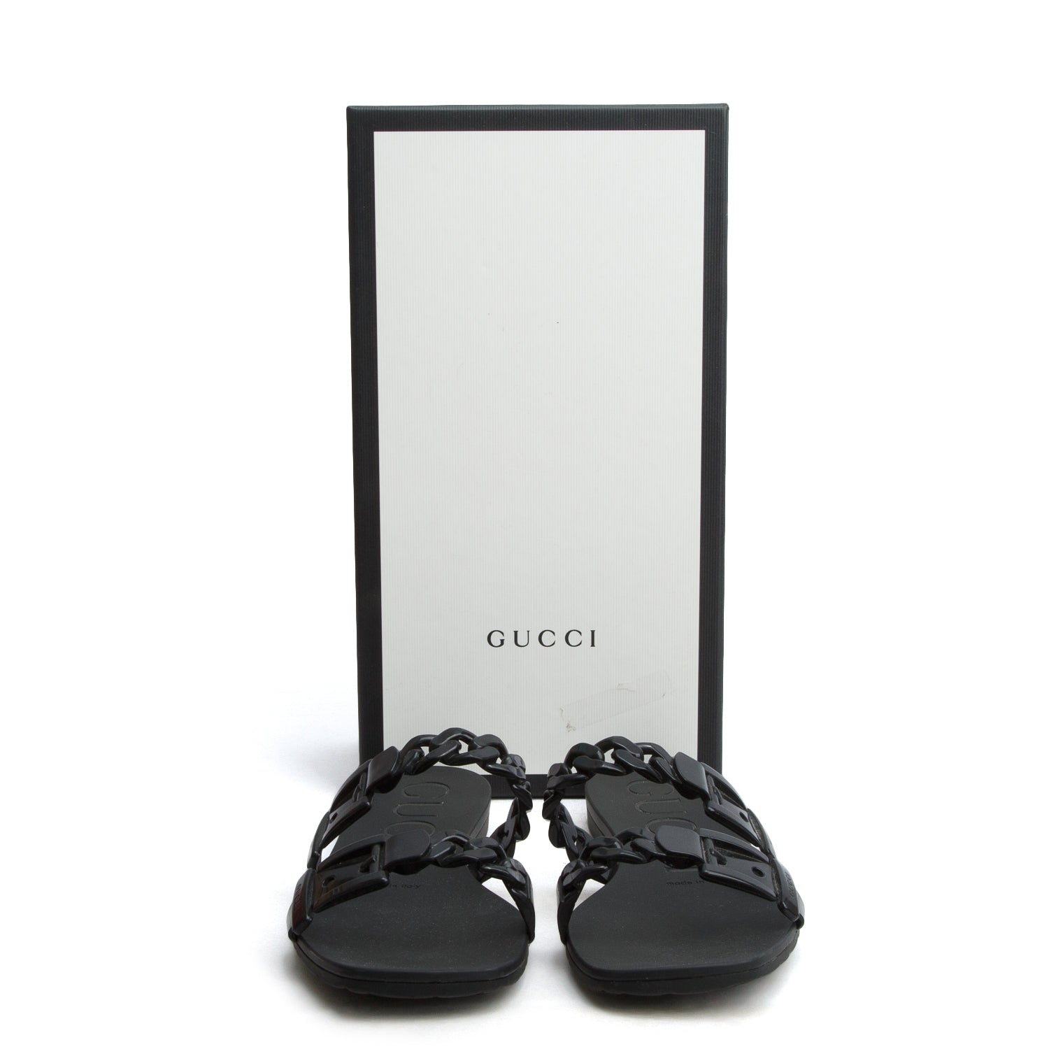Gucci Black Rubber Chain-Accent Slides, Size 39 w/ Box