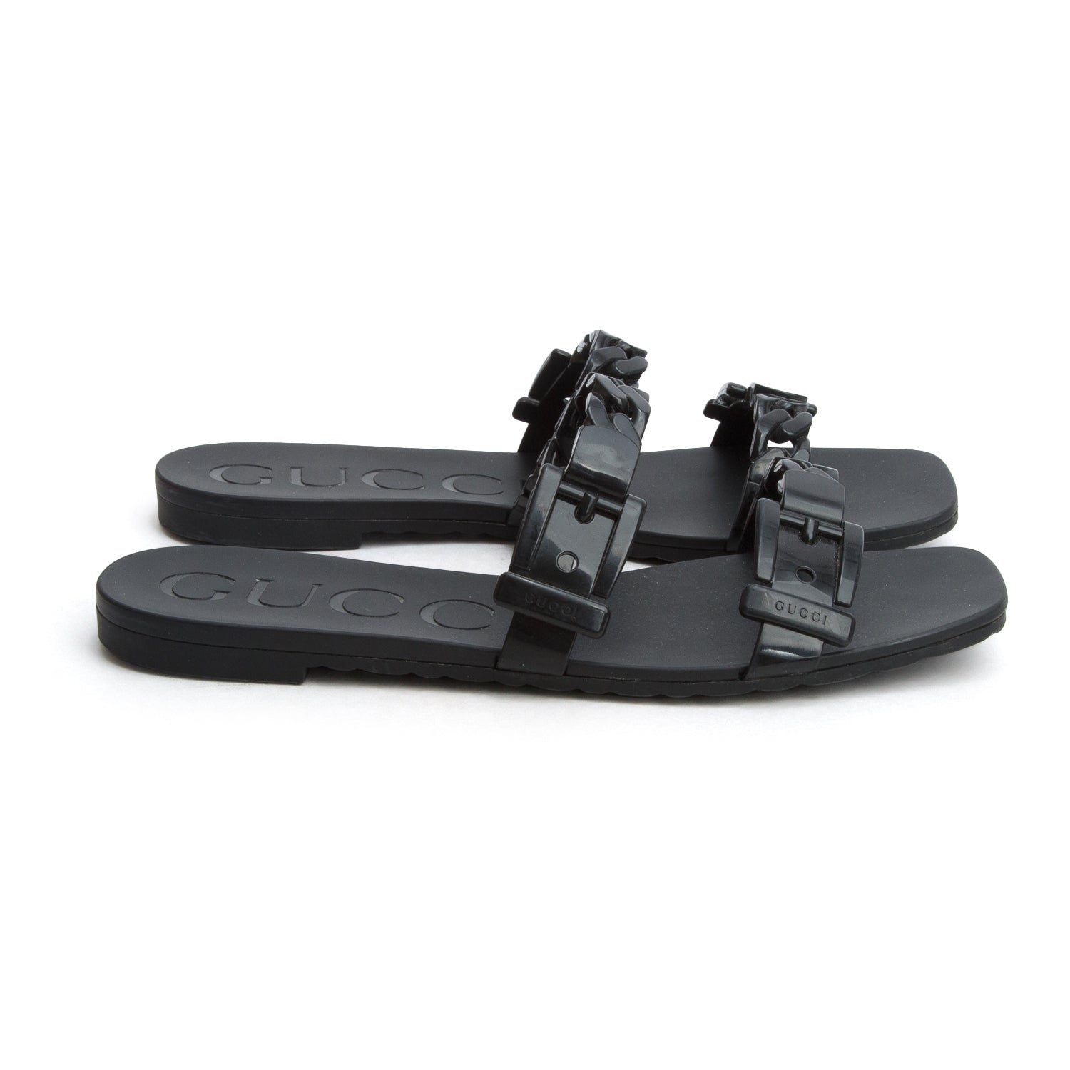 Gucci Black Rubber Chain-Accent Slides, Size 39 w/ Box