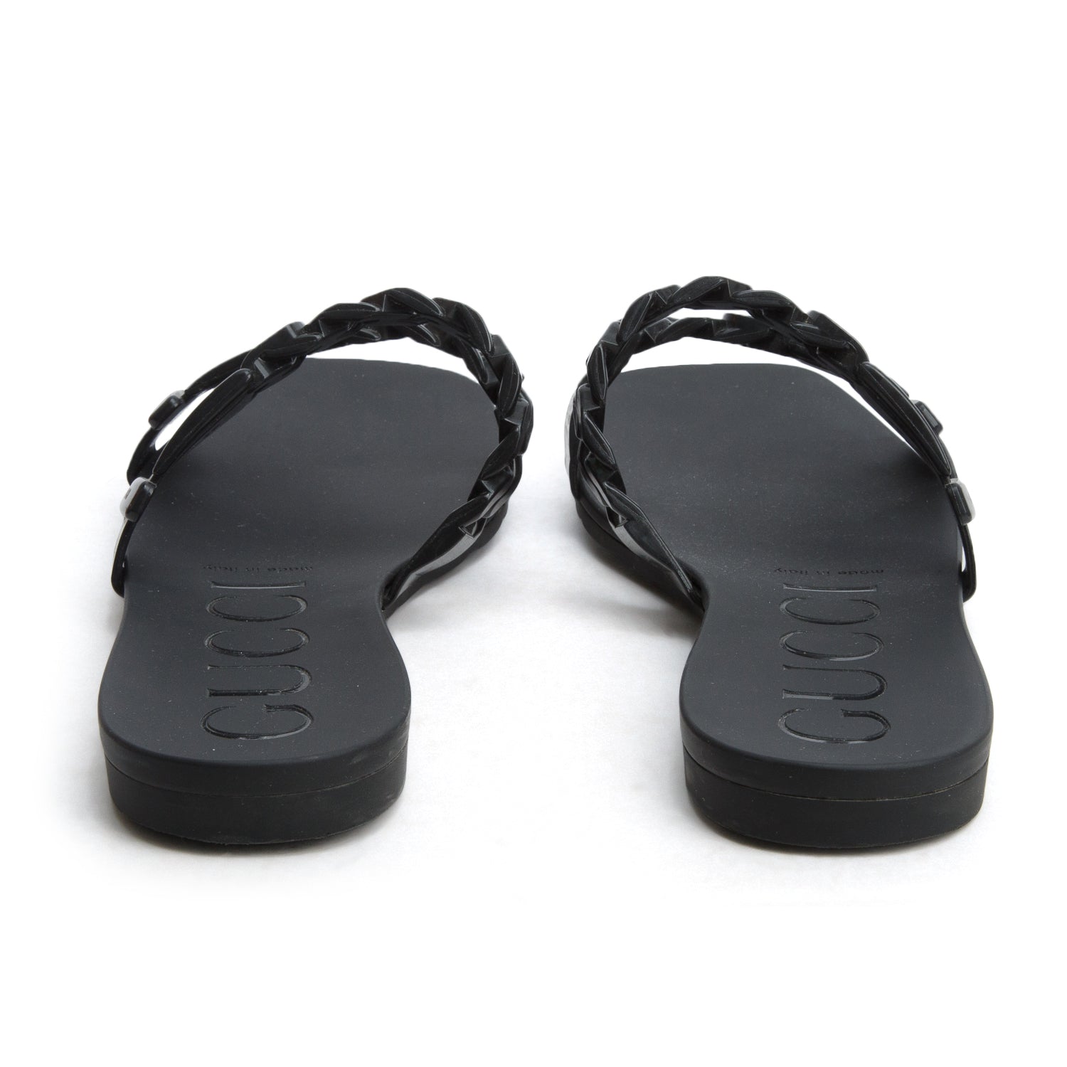 Gucci Black Rubber Chain-Accent Slides, Size 39 w/ Box