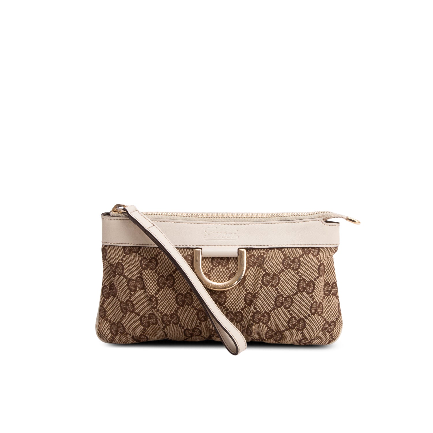 Gucci GG Canvas White Leather Trim D-Ring Abbey Pochette Wrislet