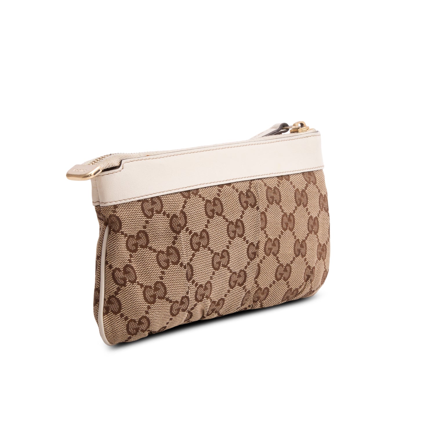 Gucci GG Canvas White Leather Trim D-Ring Abbey Pochette Wrislet