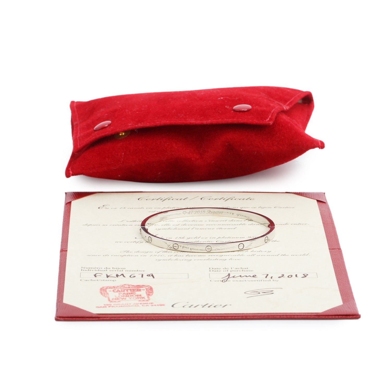 Cartier 18k White Gold 3.65 MM Love Bracelet, Small Model, Size 17 w/ Receipt & Certificate