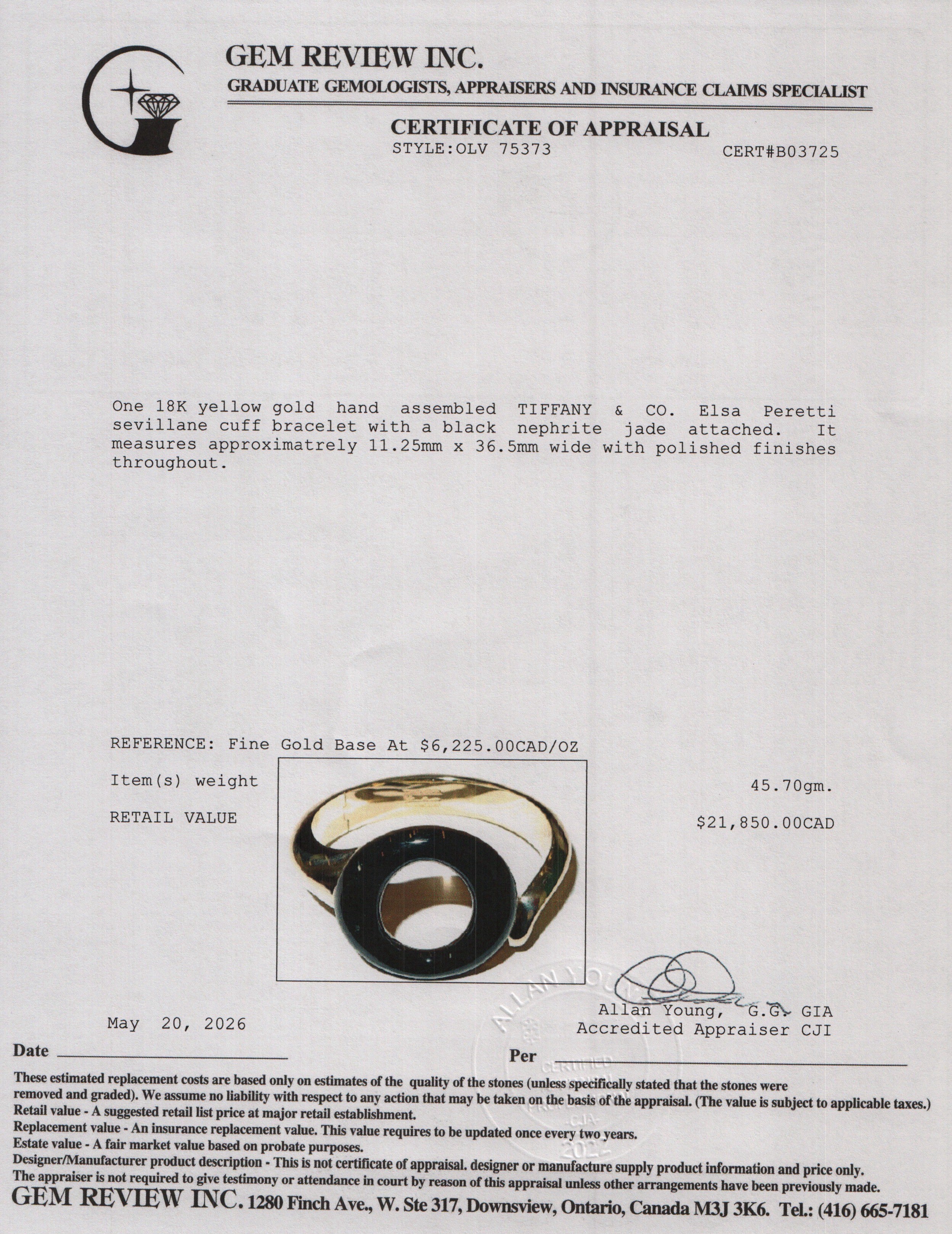 Tiffany & Co. Elsa Peretti 18k Yellow Gold Black Nephrite Jade Sevillana Cuff w/ Box