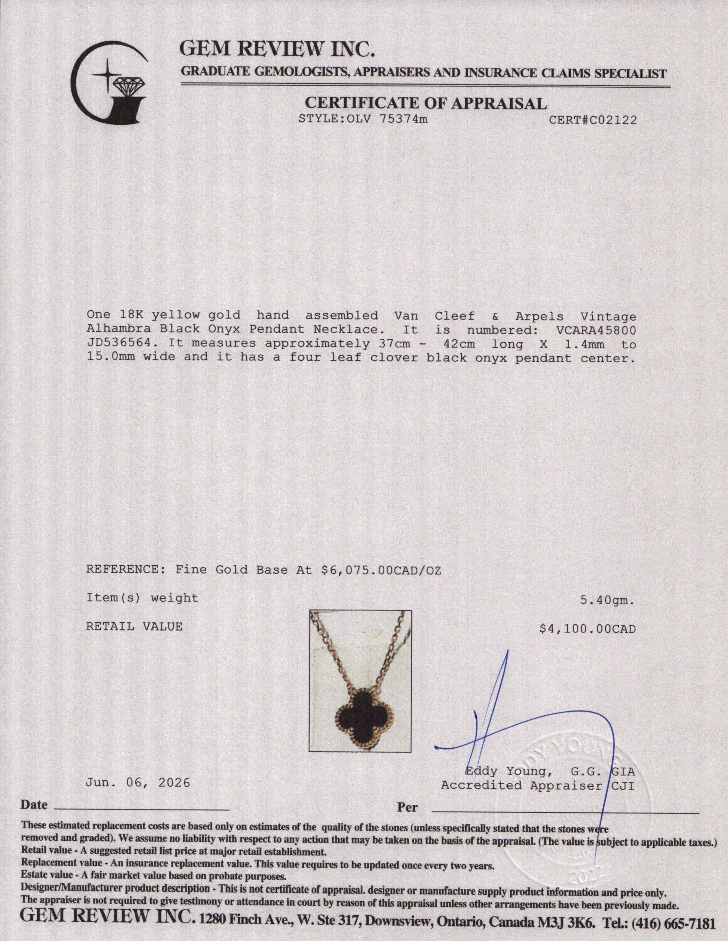 Van Cleef & Arpels 18k Yellow Gold Vintage Alhambra Black Onyx Pendant Necklace w/ Pouch & Certificate