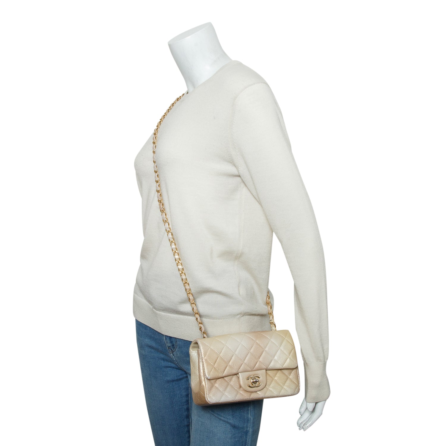 Chanel 2022 Beige Iridescent Quilted Caviar Leather Mini Rectangular Flap Bag w/ Box & Receipt