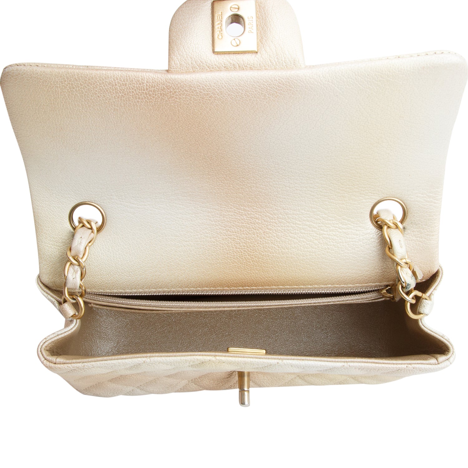 Chanel 2022 Beige Iridescent Quilted Caviar Leather Mini Rectangular Flap Bag w/ Box & Receipt