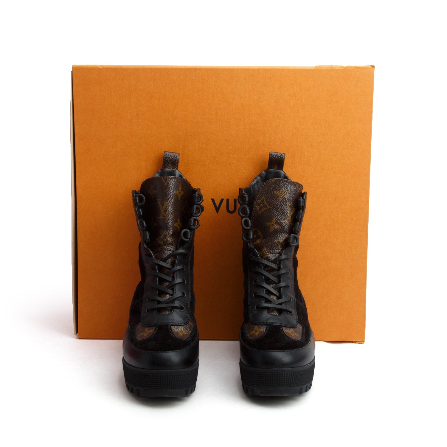 Louis Vuitton 2021 Black Leather/Suede Monogram Trim Laurette Platform Desert Ankle Boots, Size 38 w/ Box