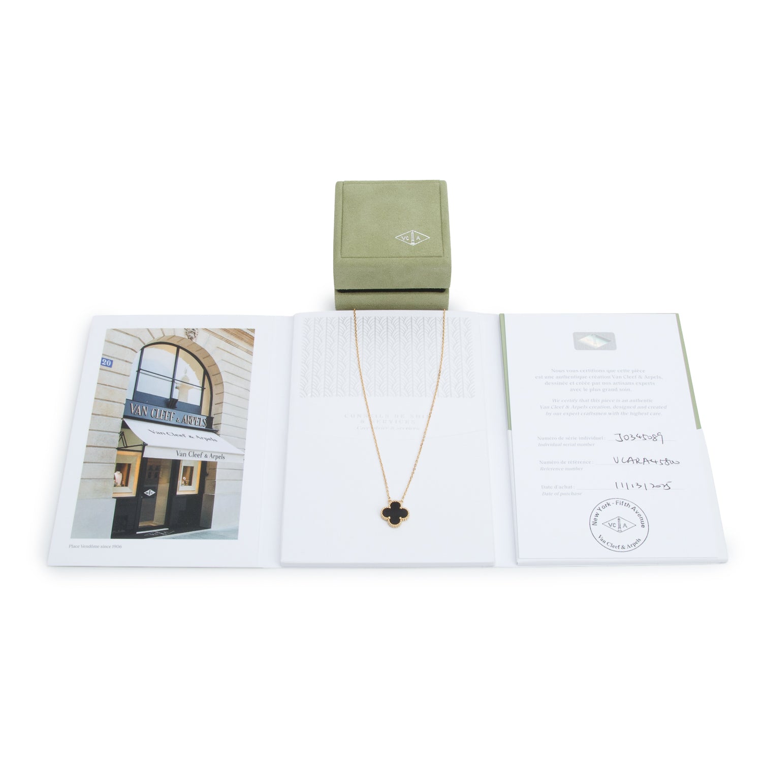 Van Cleef & Arpels 2025 18k Yellow Gold Vintage Alhambra Black Onyx Pendant Necklace w/ Box & Certificate
