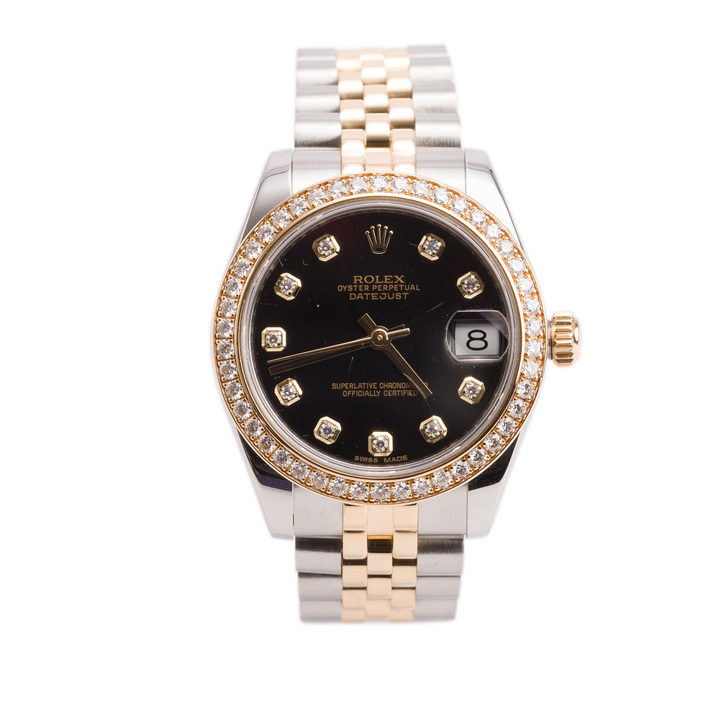 Rolex Stainless Steel & 18k Yellow Gold Diamond Bezel Datejust 31 MM Automatic Watch Black Diamond Dial 178383 w/ Box & Papers